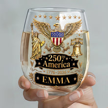 Load image into Gallery viewer, Personalized Stemless Wine Glass Custom Name Eagle Liberty Gift for 4th of July
