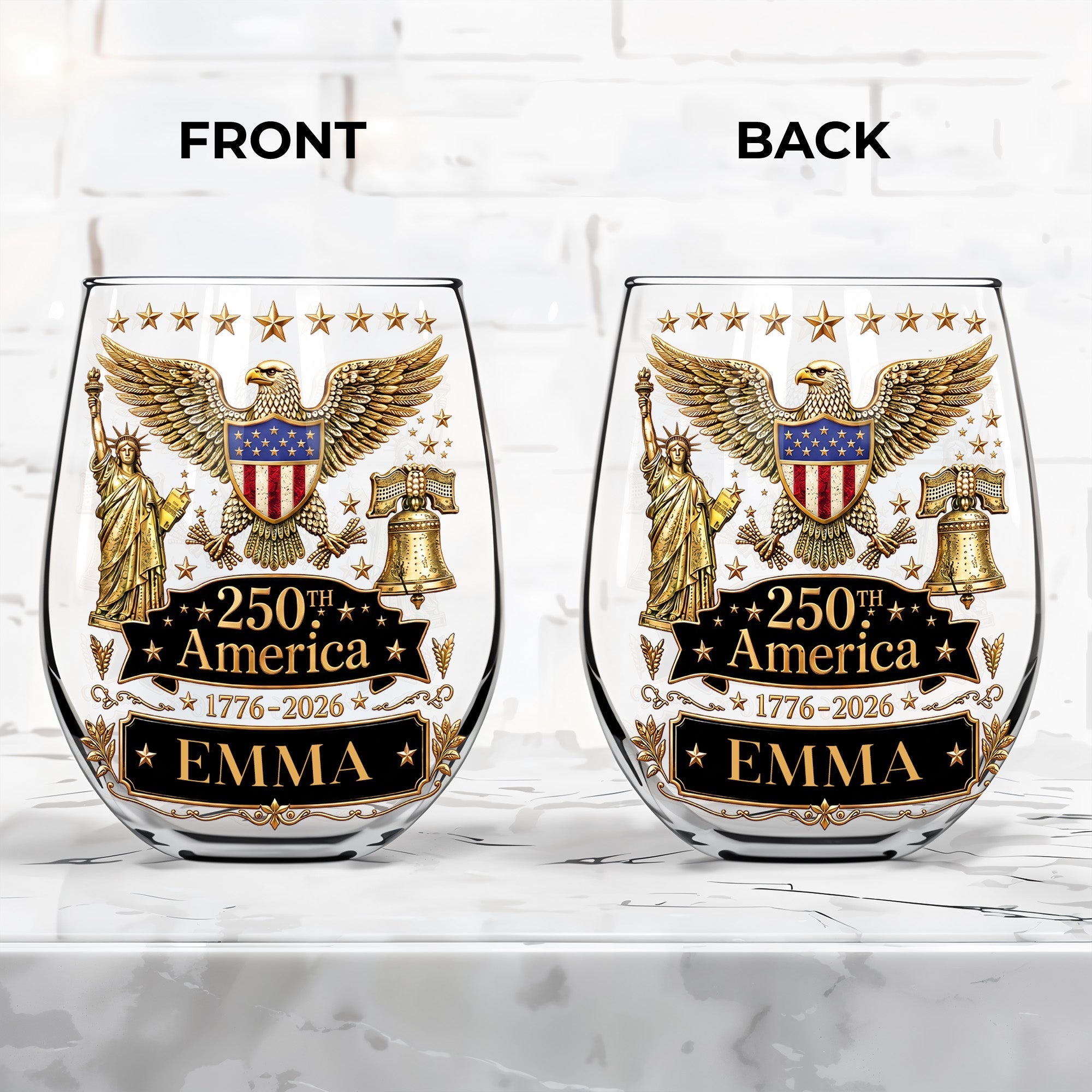 Personalized Stemless Wine Glass Custom Name Eagle Liberty Gift for 4th of July