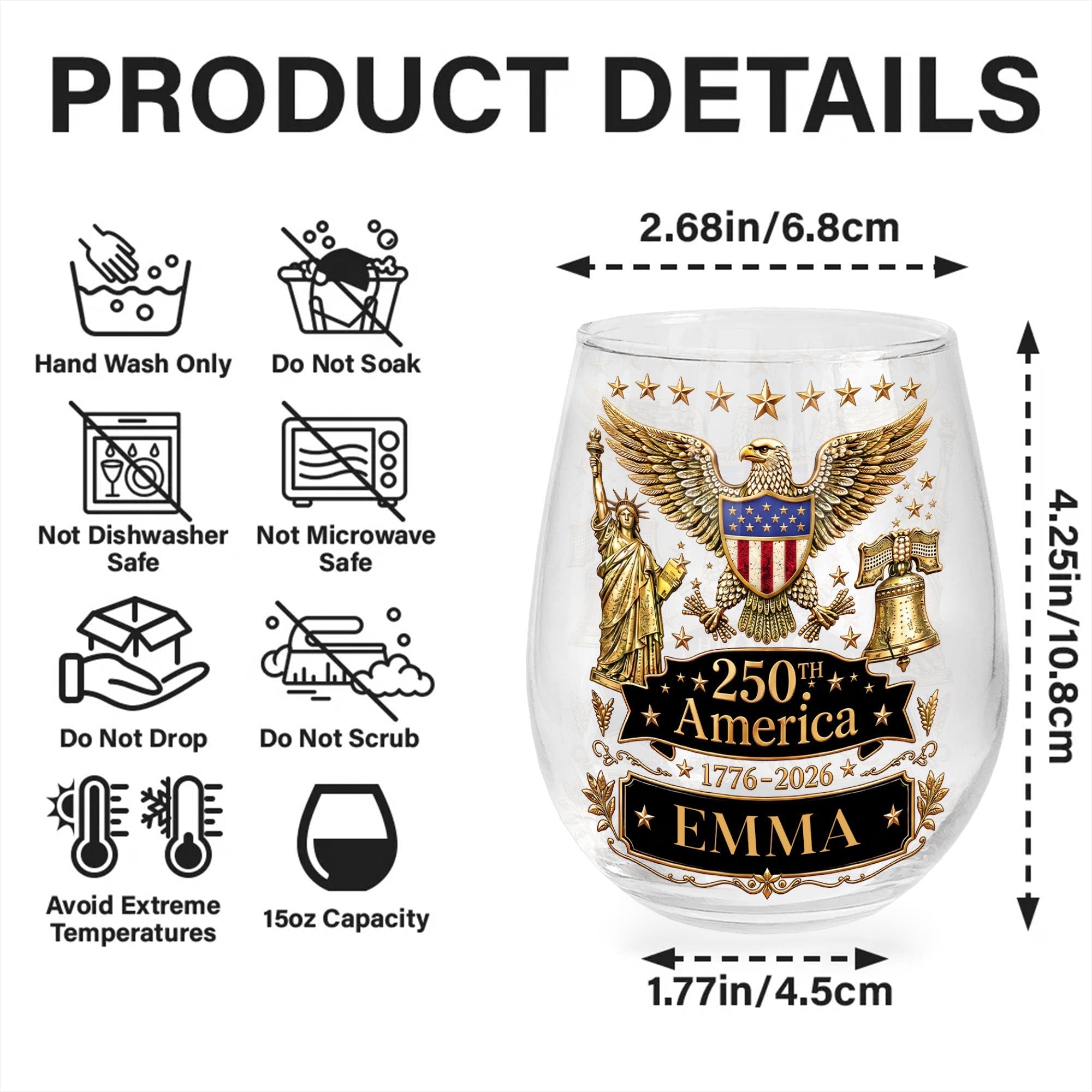 Personalized Stemless Wine Glass Custom Name Eagle Liberty Gift for 4th of July