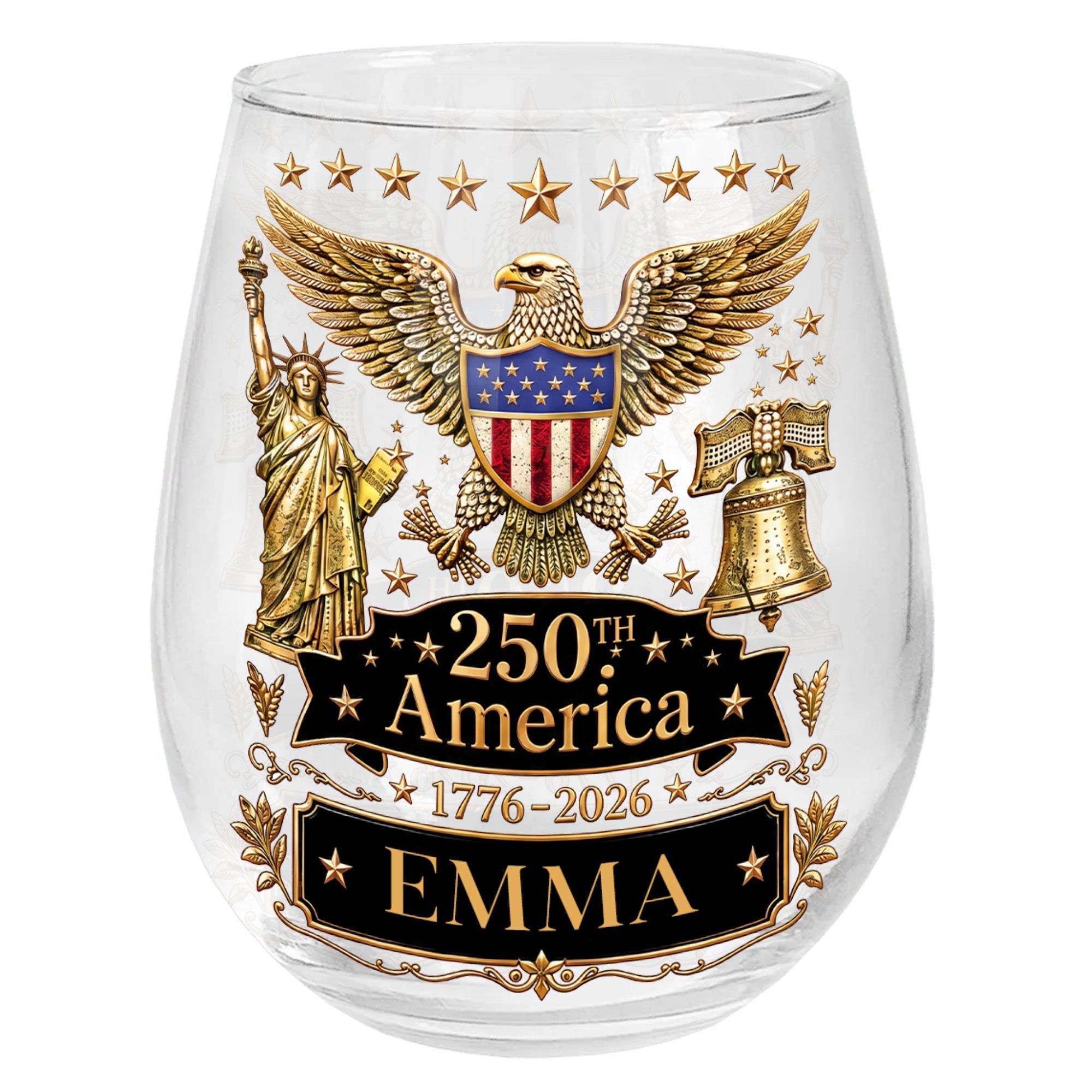 Personalized Stemless Wine Glass Custom Name Eagle Liberty Gift for 4th of July
