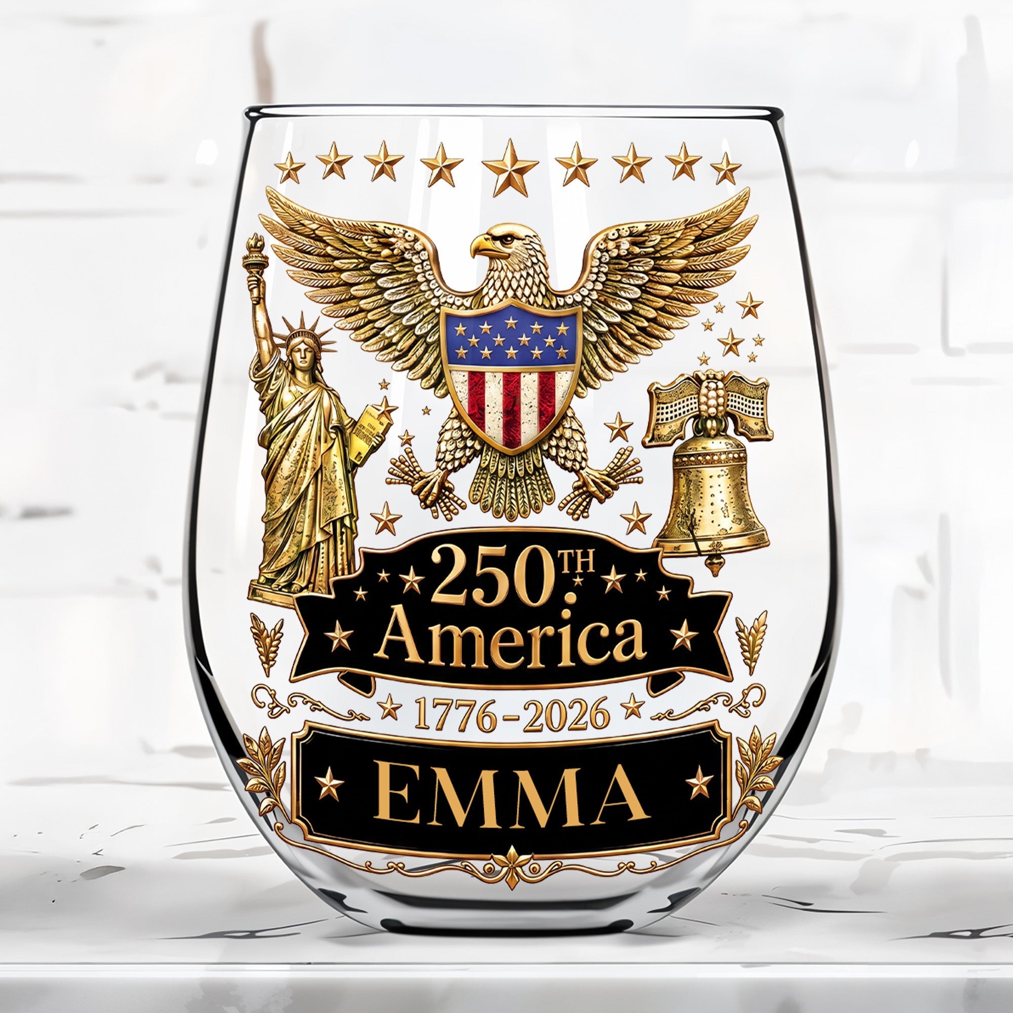 Personalized Stemless Wine Glass Custom Name Eagle Liberty Gift for 4th of July
