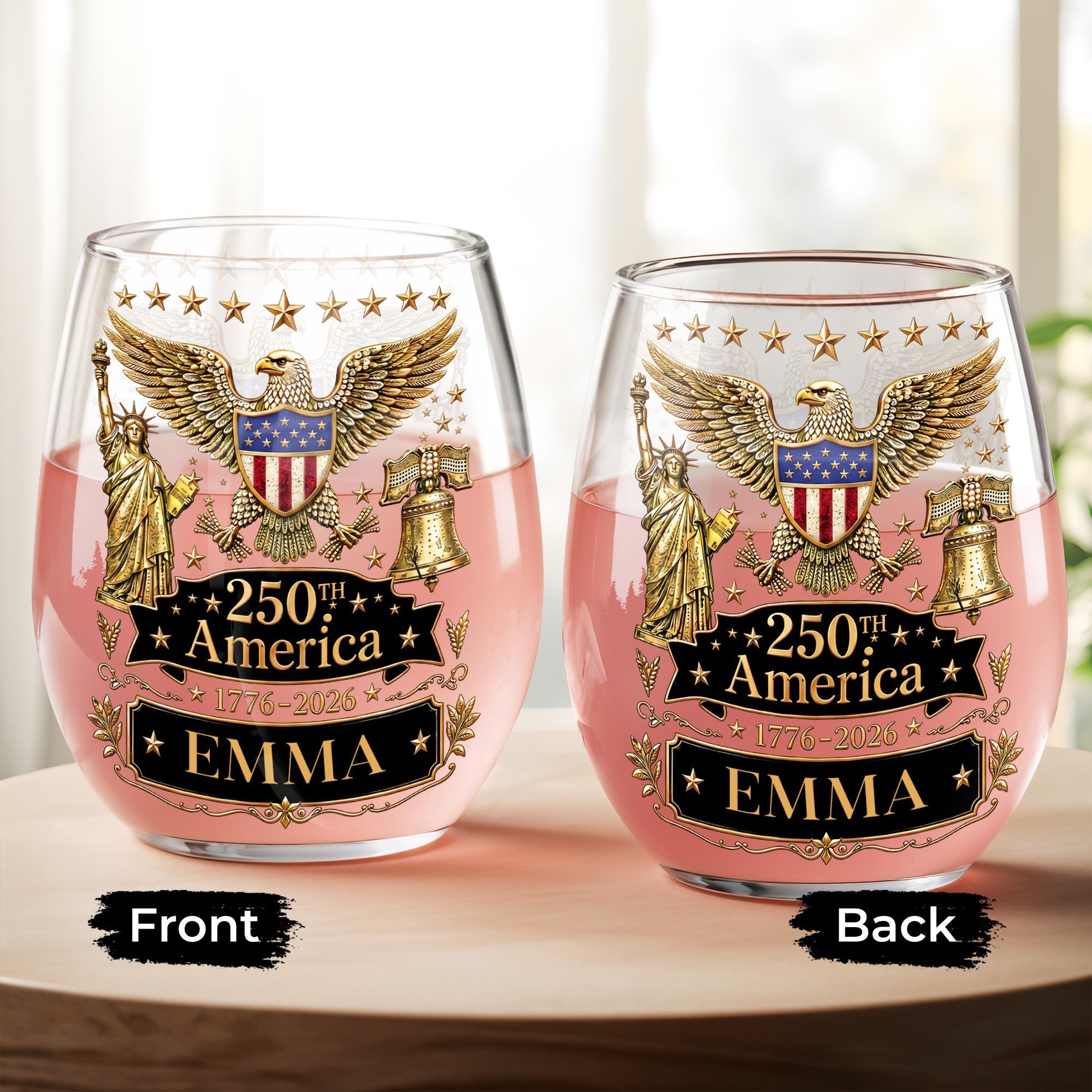 Personalized Stemless Wine Glass Custom Name Eagle Liberty Gift for 4th of July