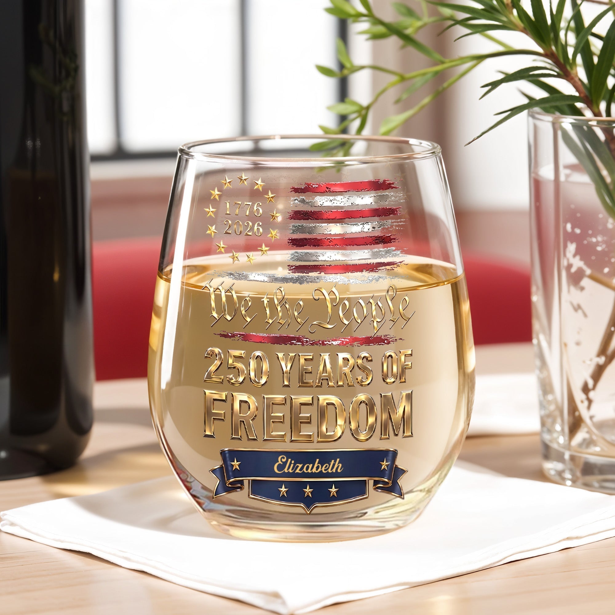 Personalized Stemless Wine Glass American Flag Gift for 4th of July
