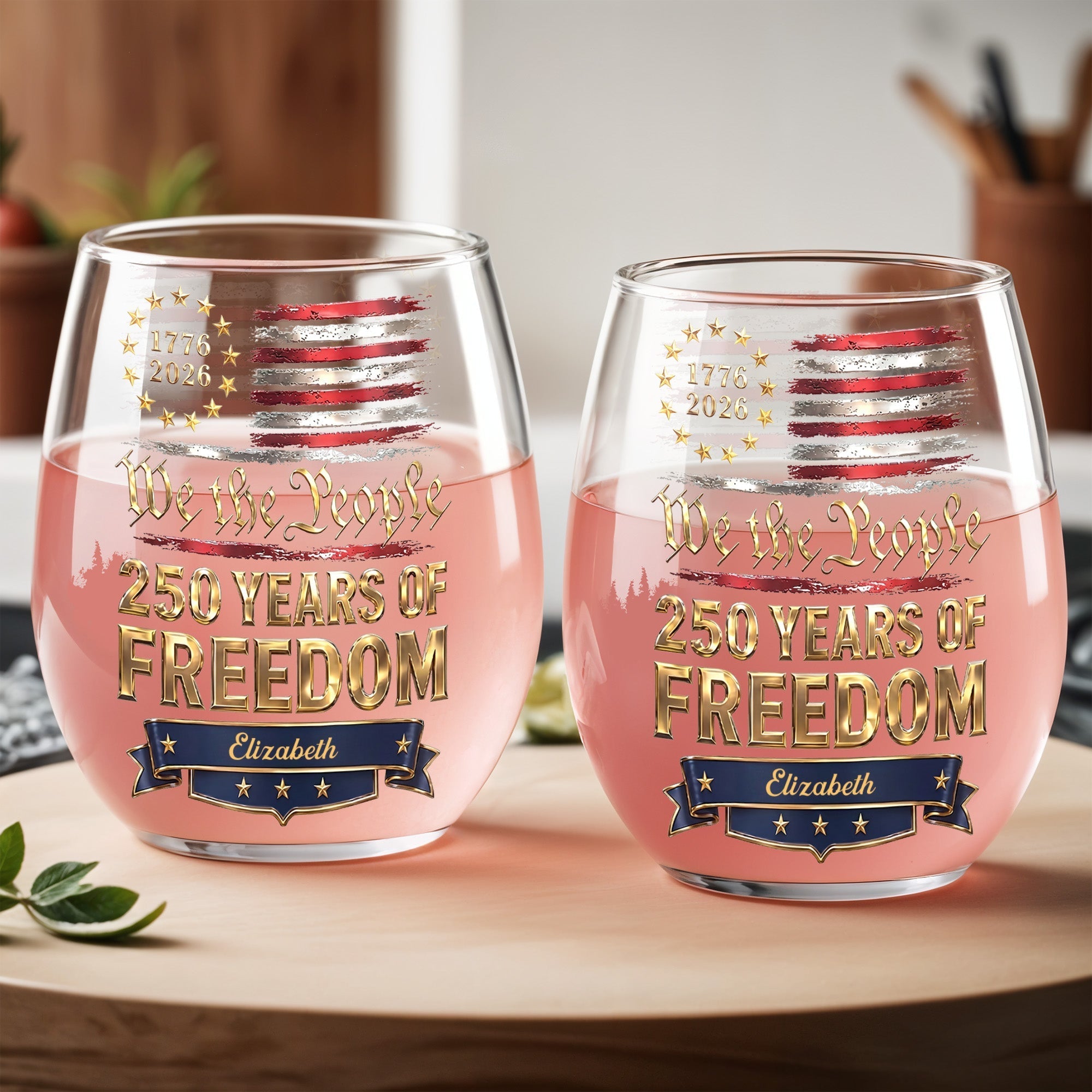 Personalized Stemless Wine Glass American Flag Gift for 4th of July