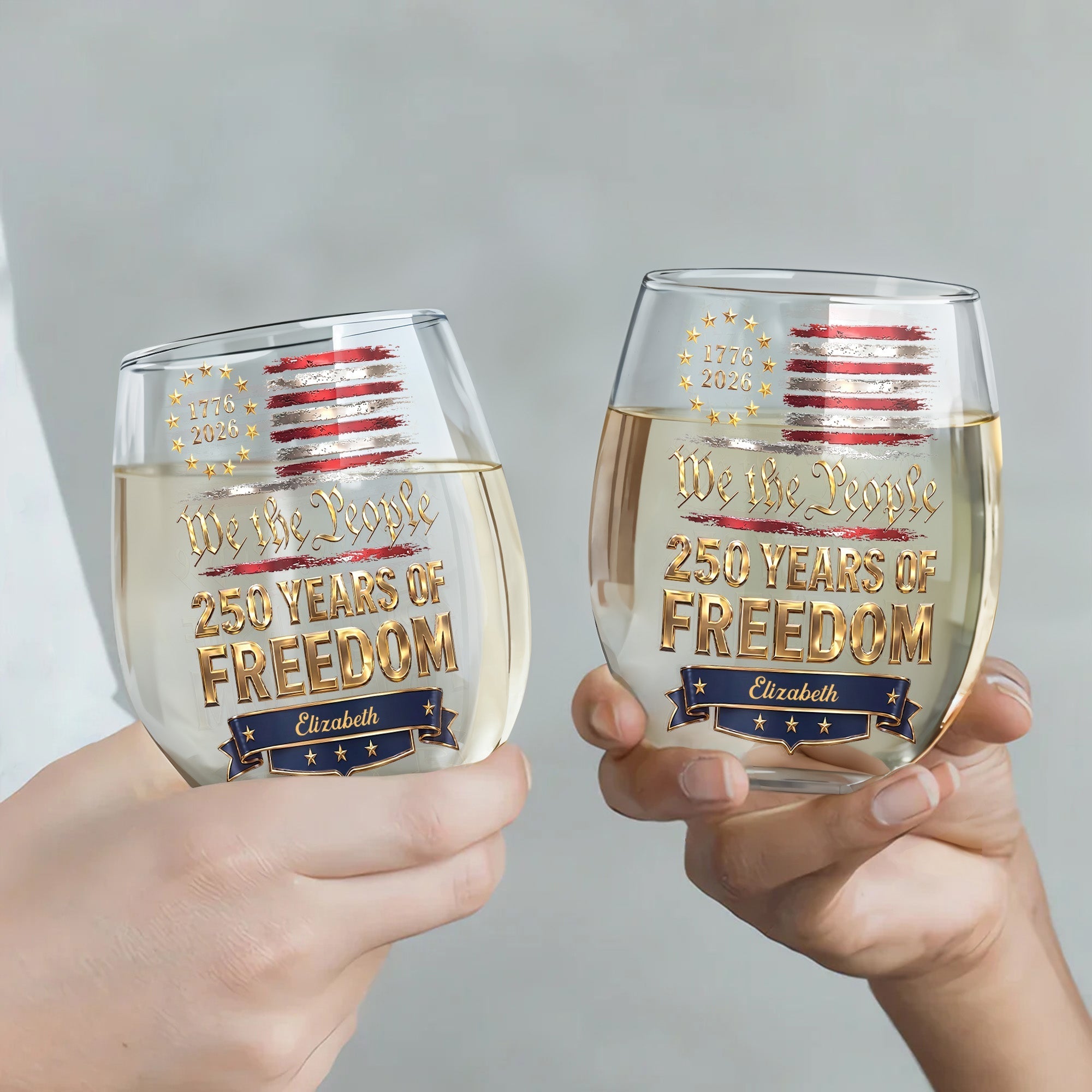 Personalized Stemless Wine Glass American Flag Gift for 4th of July