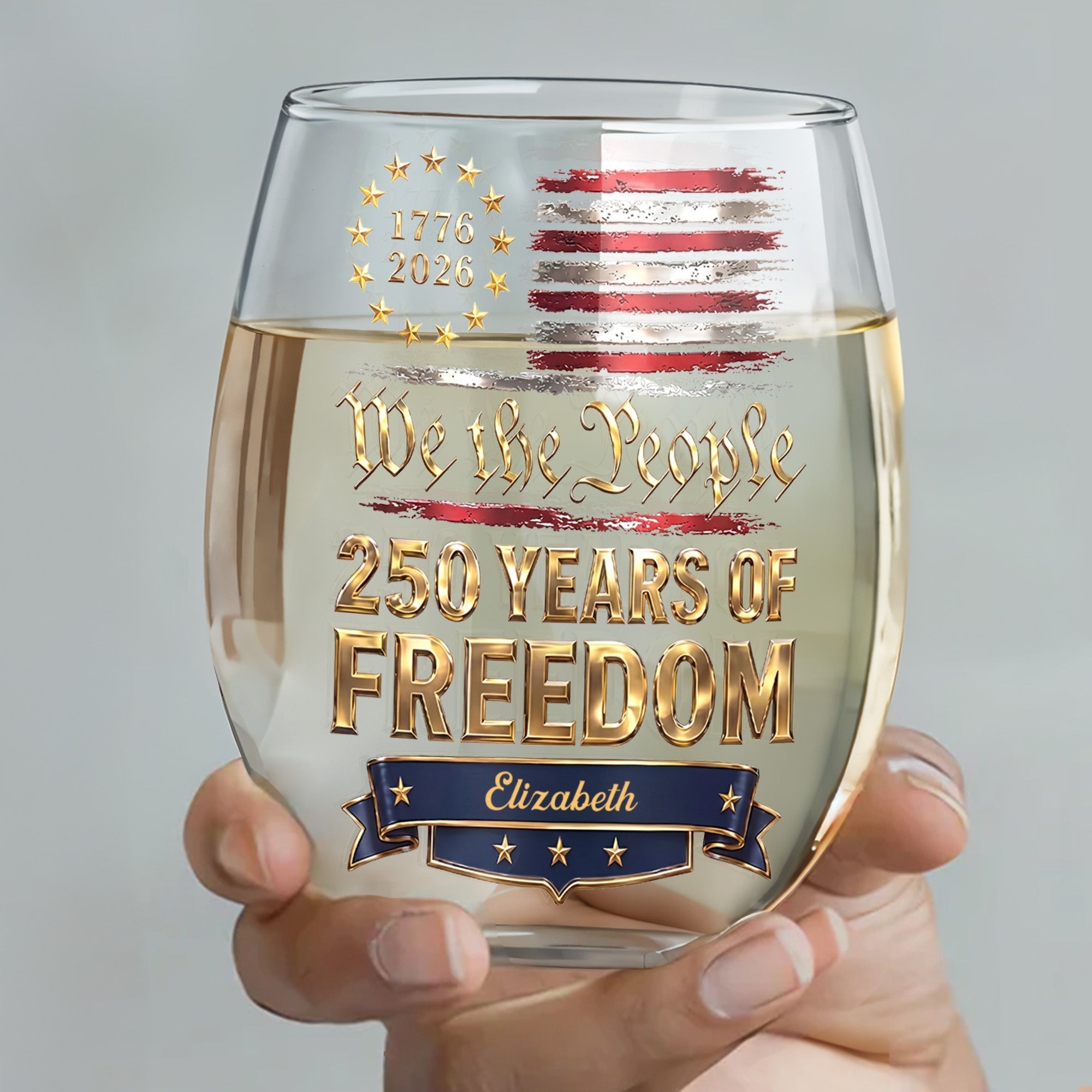 Personalized Stemless Wine Glass American Flag Gift for 4th of July