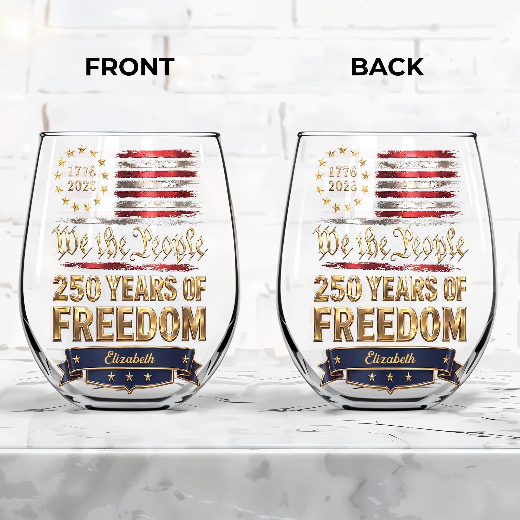 Personalized Stemless Wine Glass American Flag Gift for 4th of July