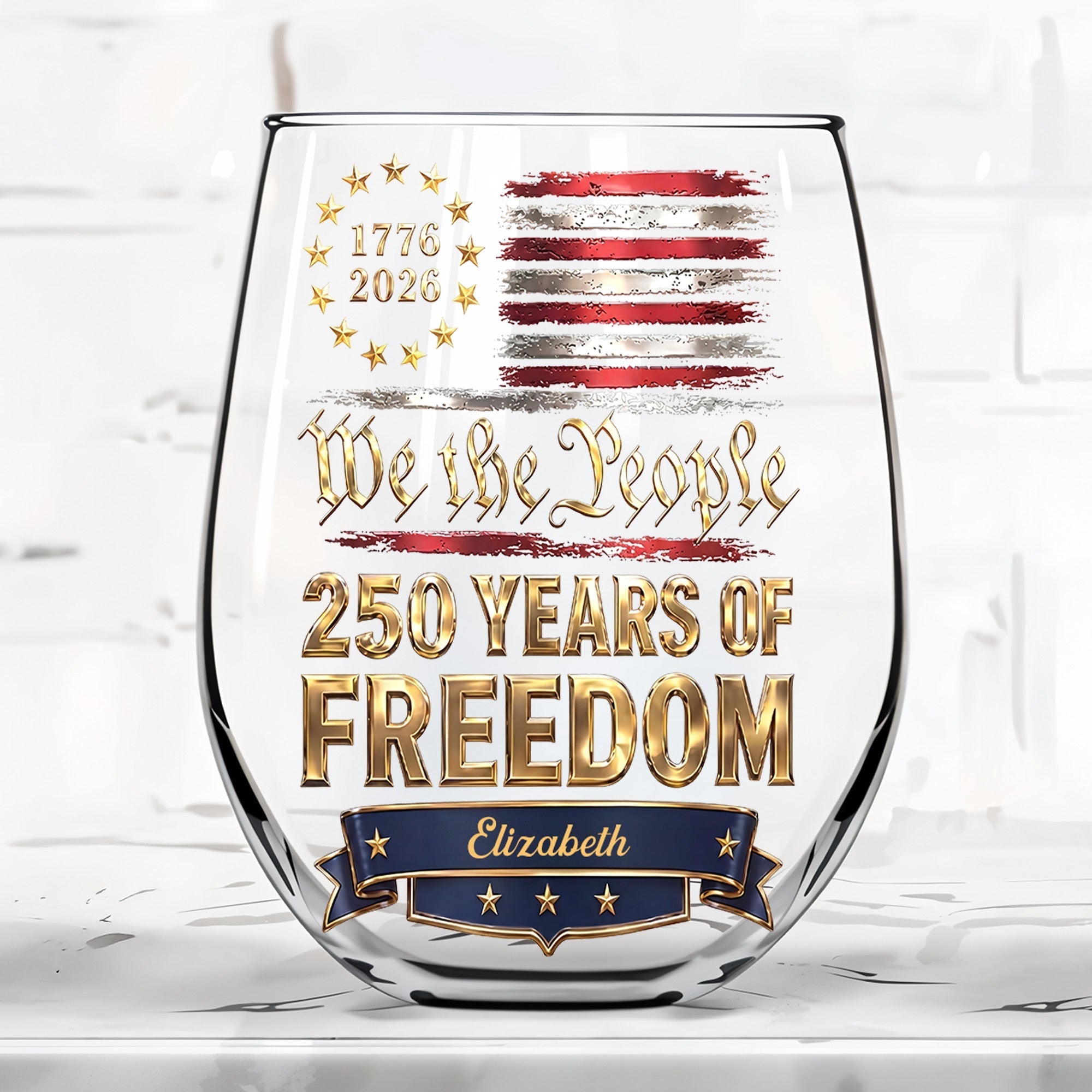 Personalized Stemless Wine Glass American Flag Gift for 4th of July