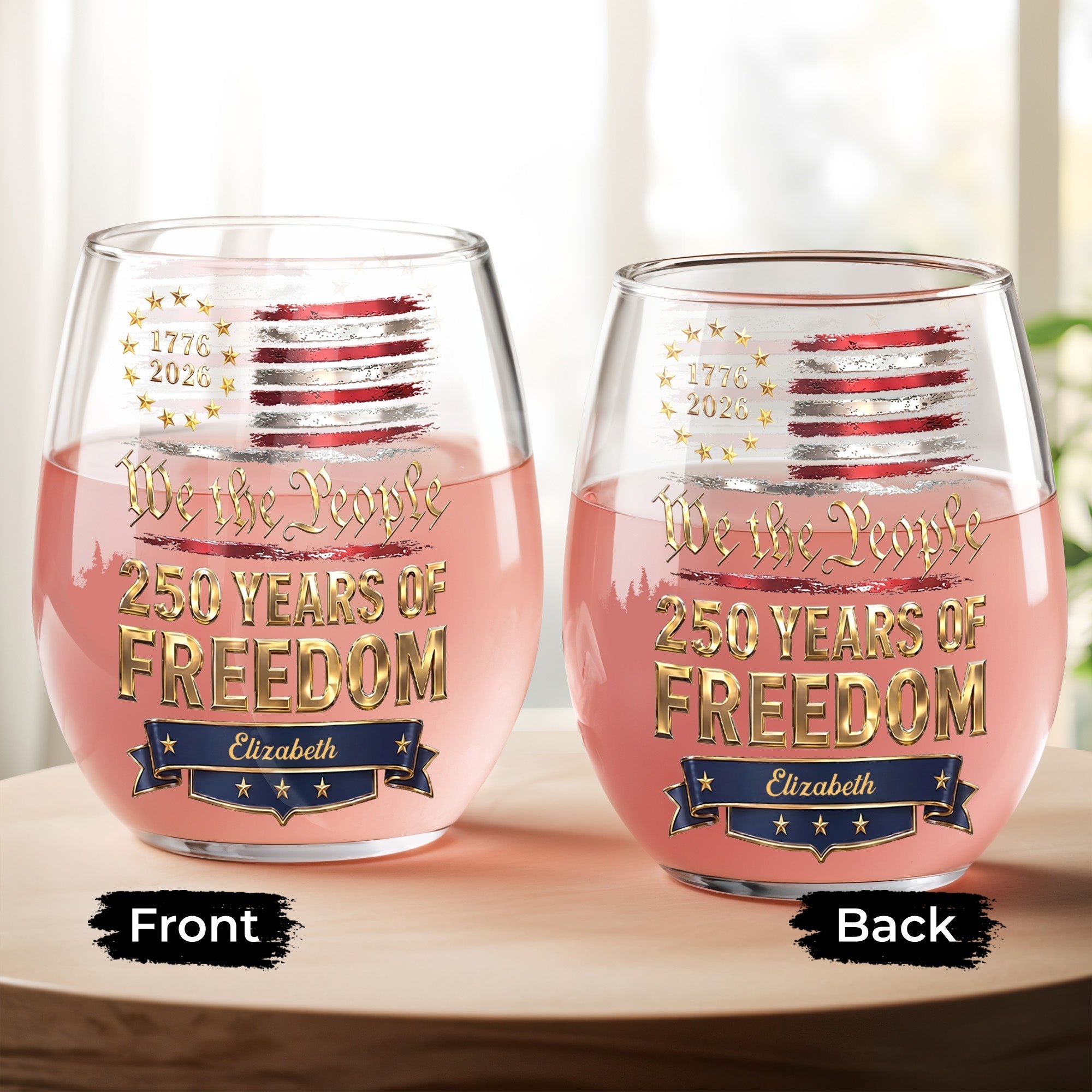 Personalized Stemless Wine Glass American Flag Gift for 4th of July