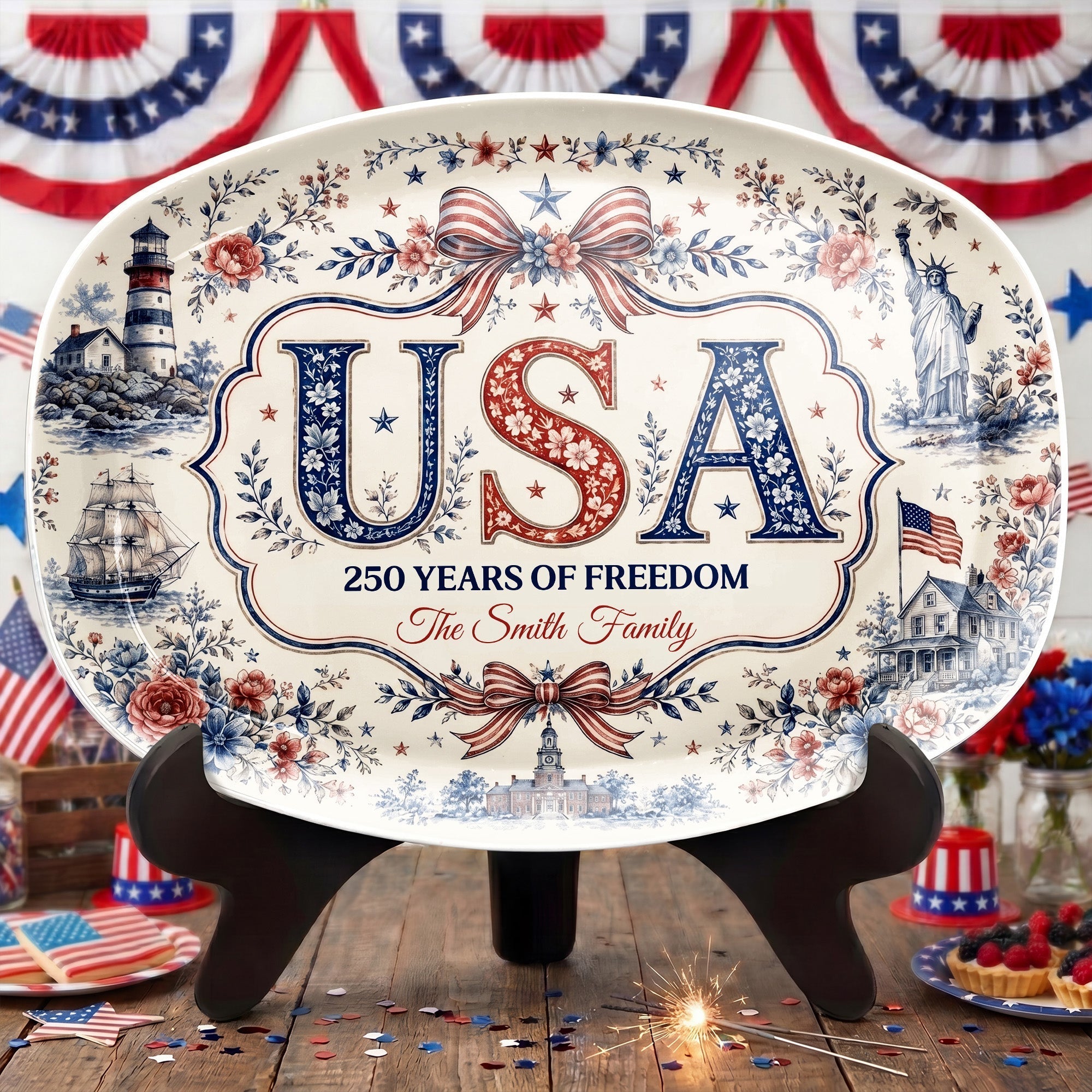 Personalized Family Name Custom Plate USA Flag Gift for Home