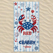 Load image into Gallery viewer, Personalized Crab Beach Towel Custom Name Patriotic Gift

