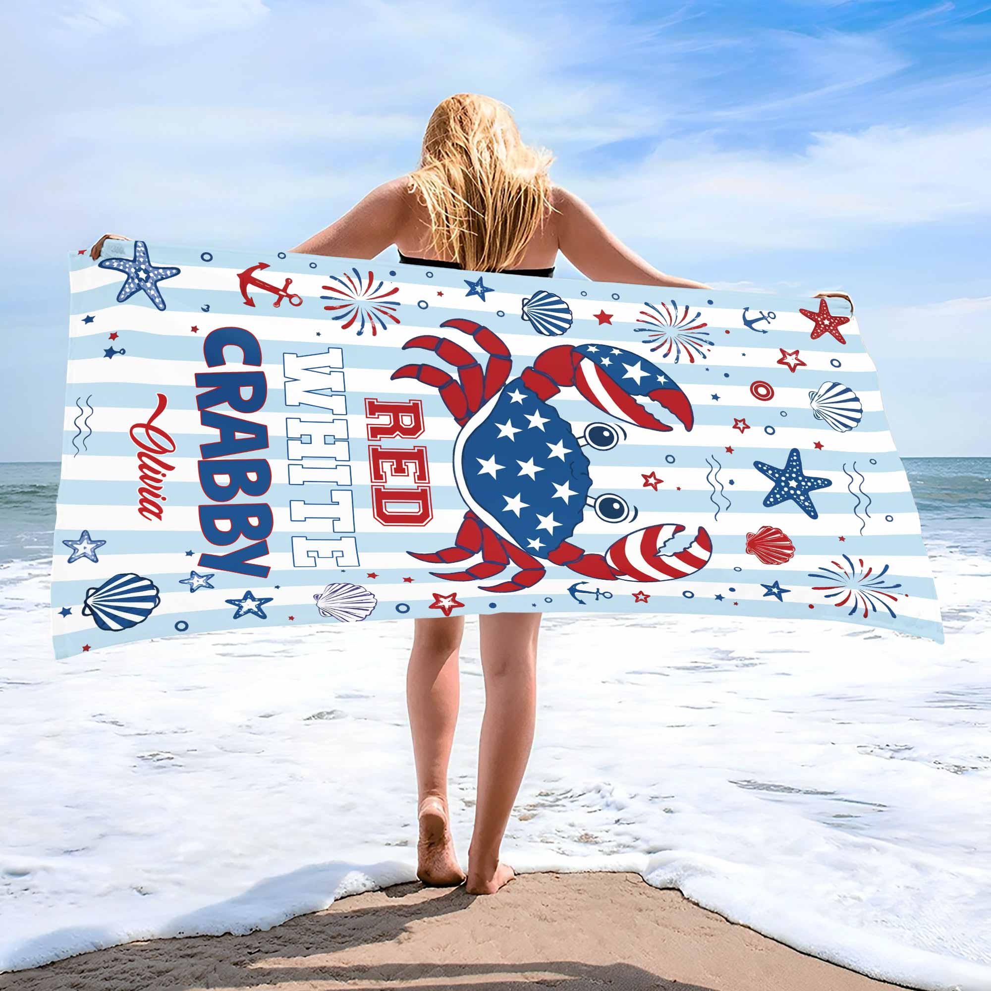 Personalized Crab Beach Towel Custom Name Patriotic Gift