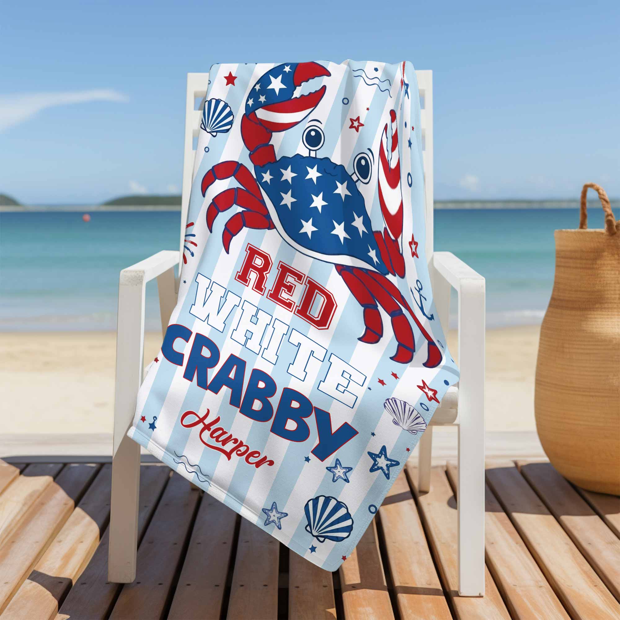 Personalized Crab Beach Towel Custom Name Patriotic Gift