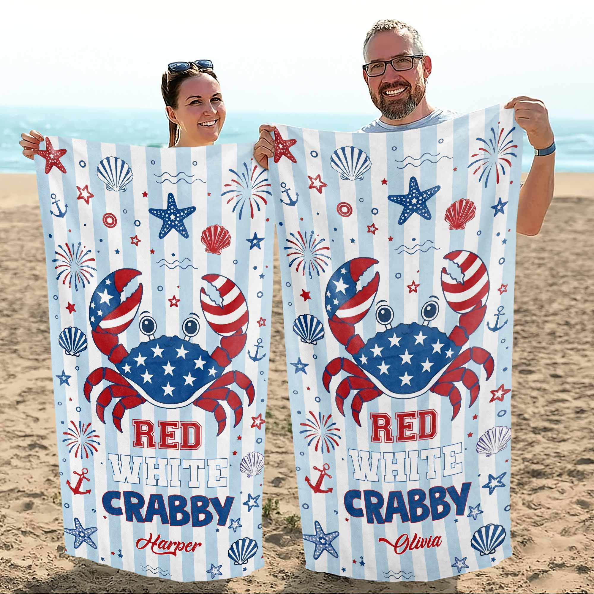 Personalized Crab Beach Towel Custom Name Patriotic Gift