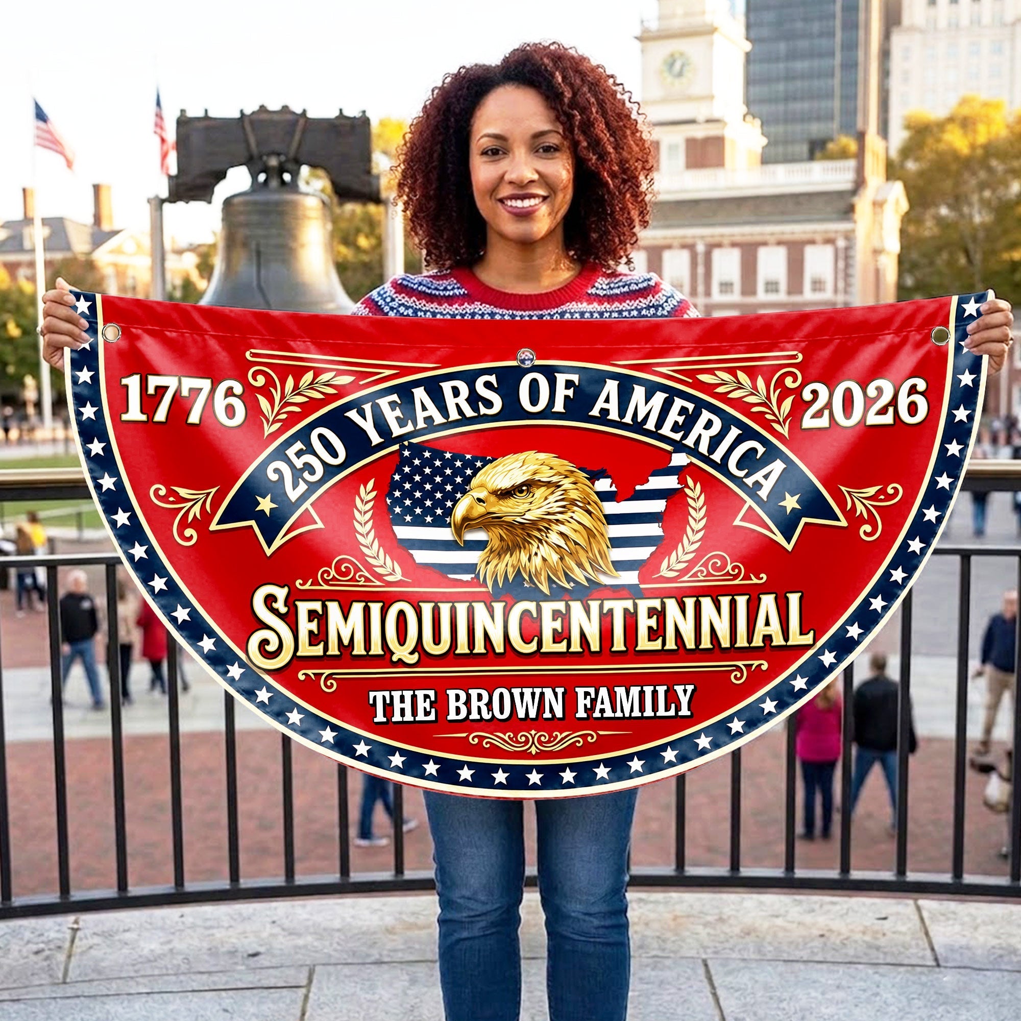 Personalized Non-Pleated Fan Flag Custom Family Name Eagle 250th Anniversary