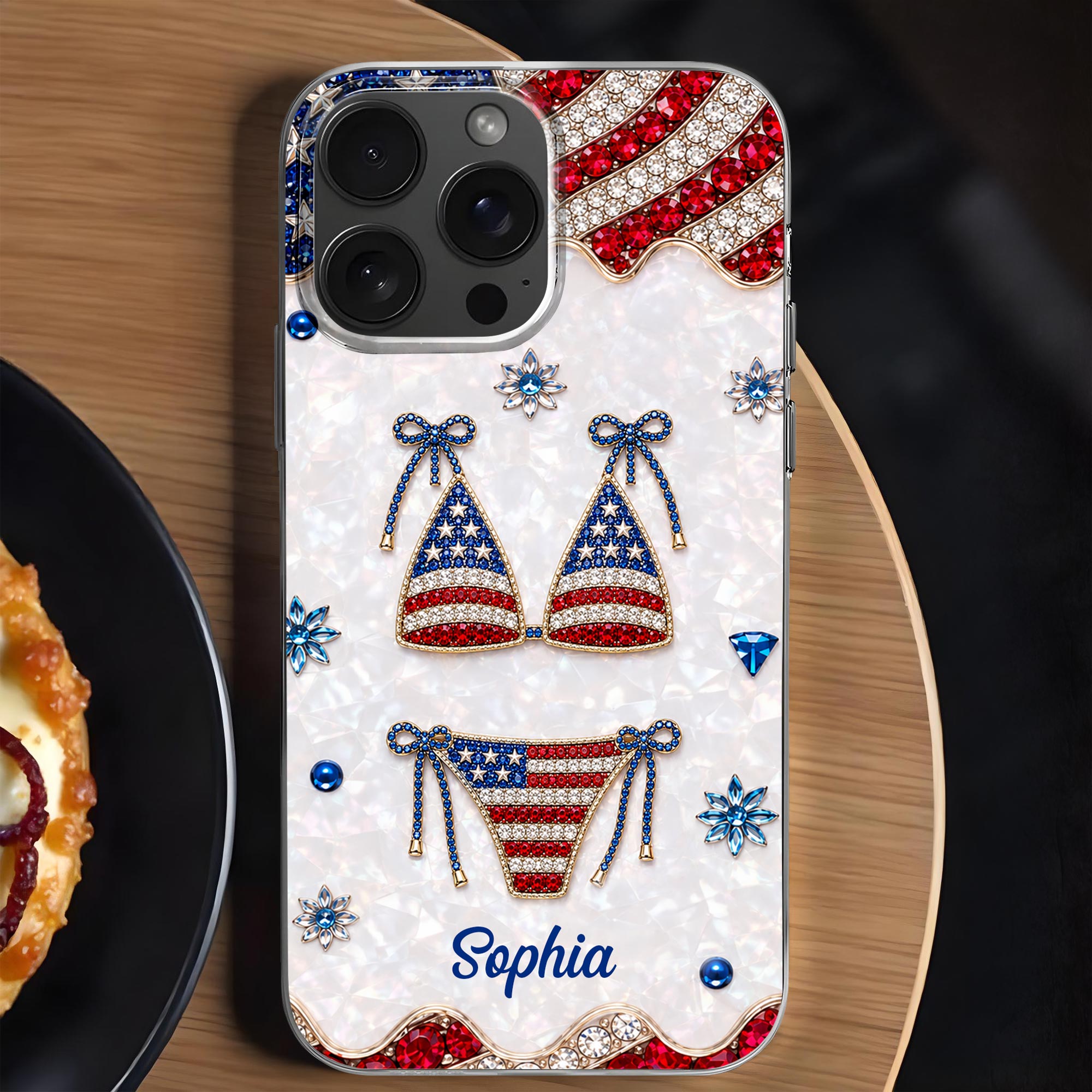 Personalized Clear Phone Case American Flag Gems Glam Gift