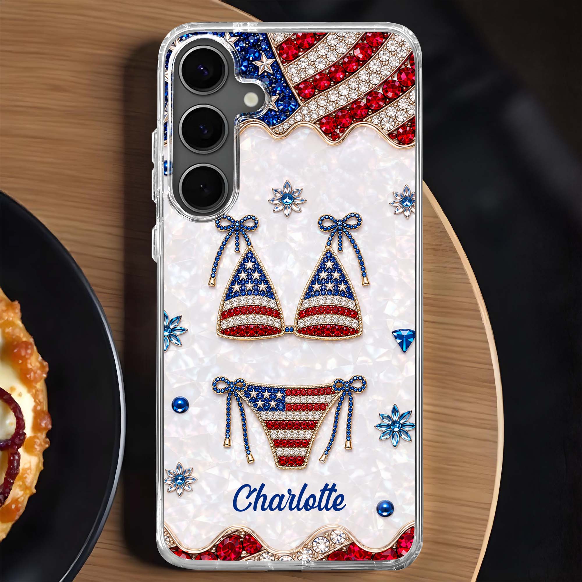 Personalized Clear Phone Case American Flag Gems Glam Gift