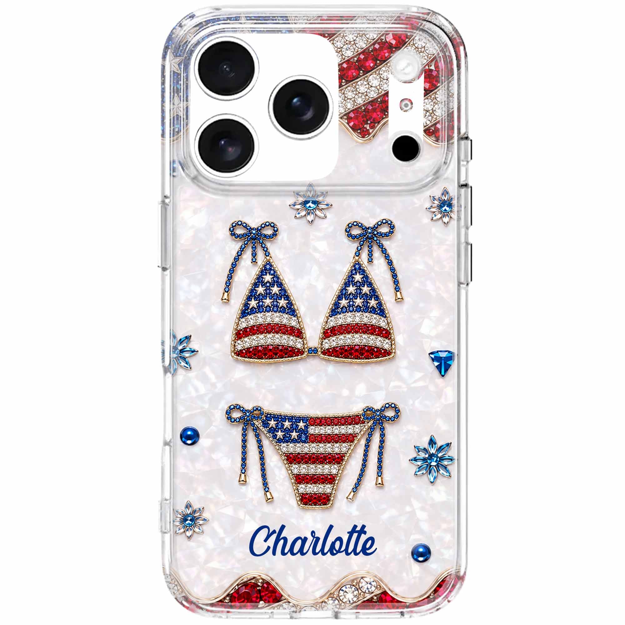 Personalized Clear Phone Case American Flag Gems Glam Gift