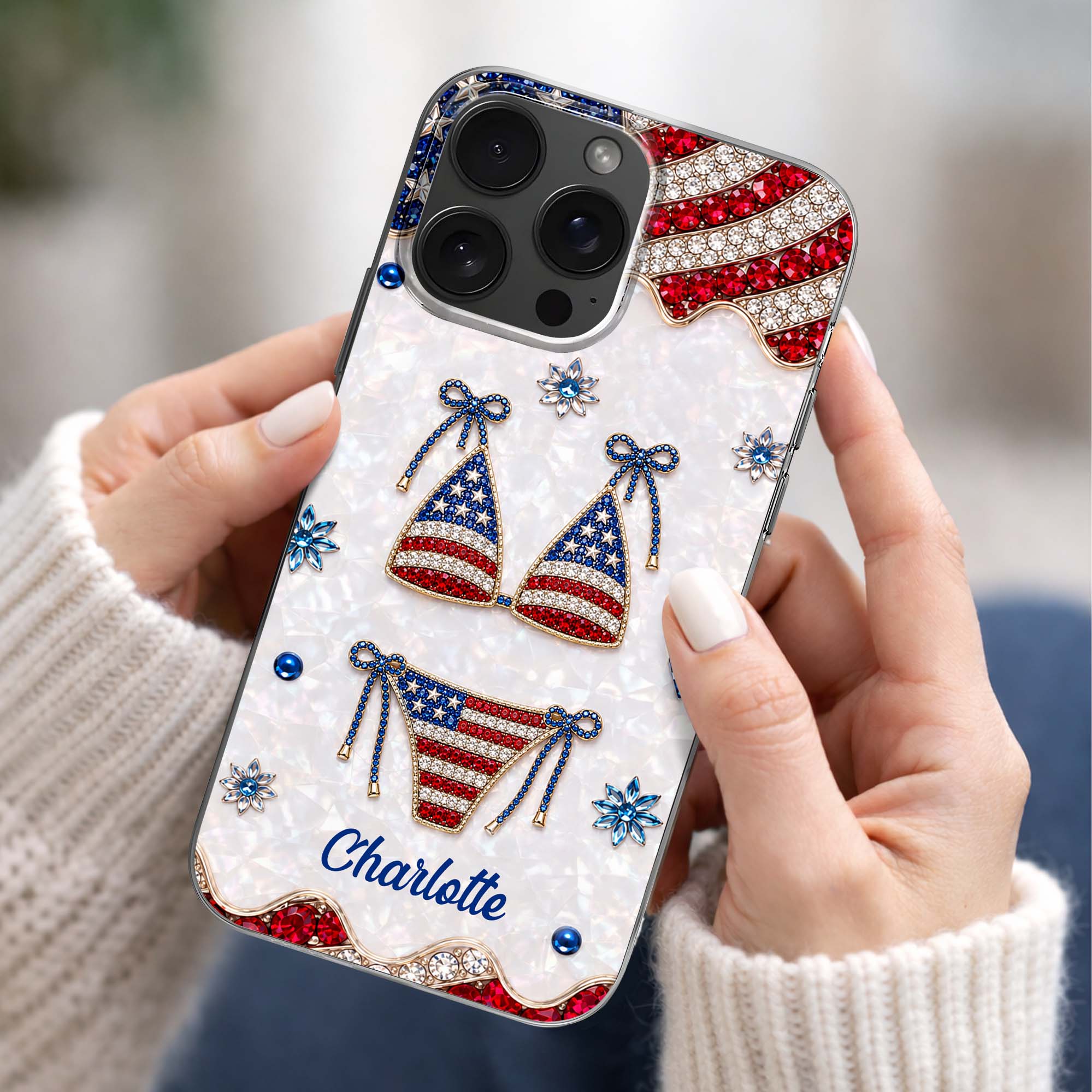 Personalized Clear Phone Case American Flag Gems Glam Gift