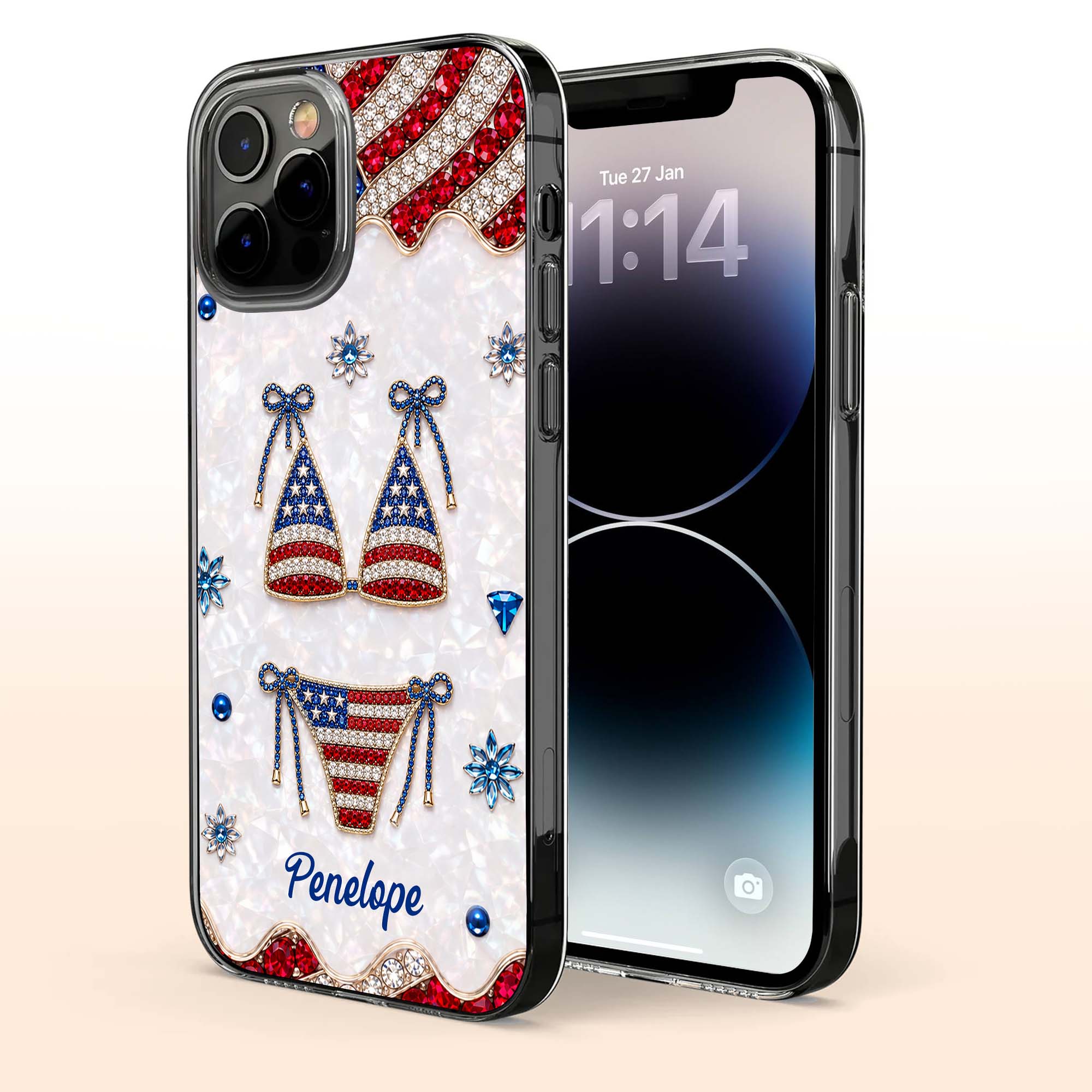 Personalized Clear Phone Case American Flag Gems Glam Gift