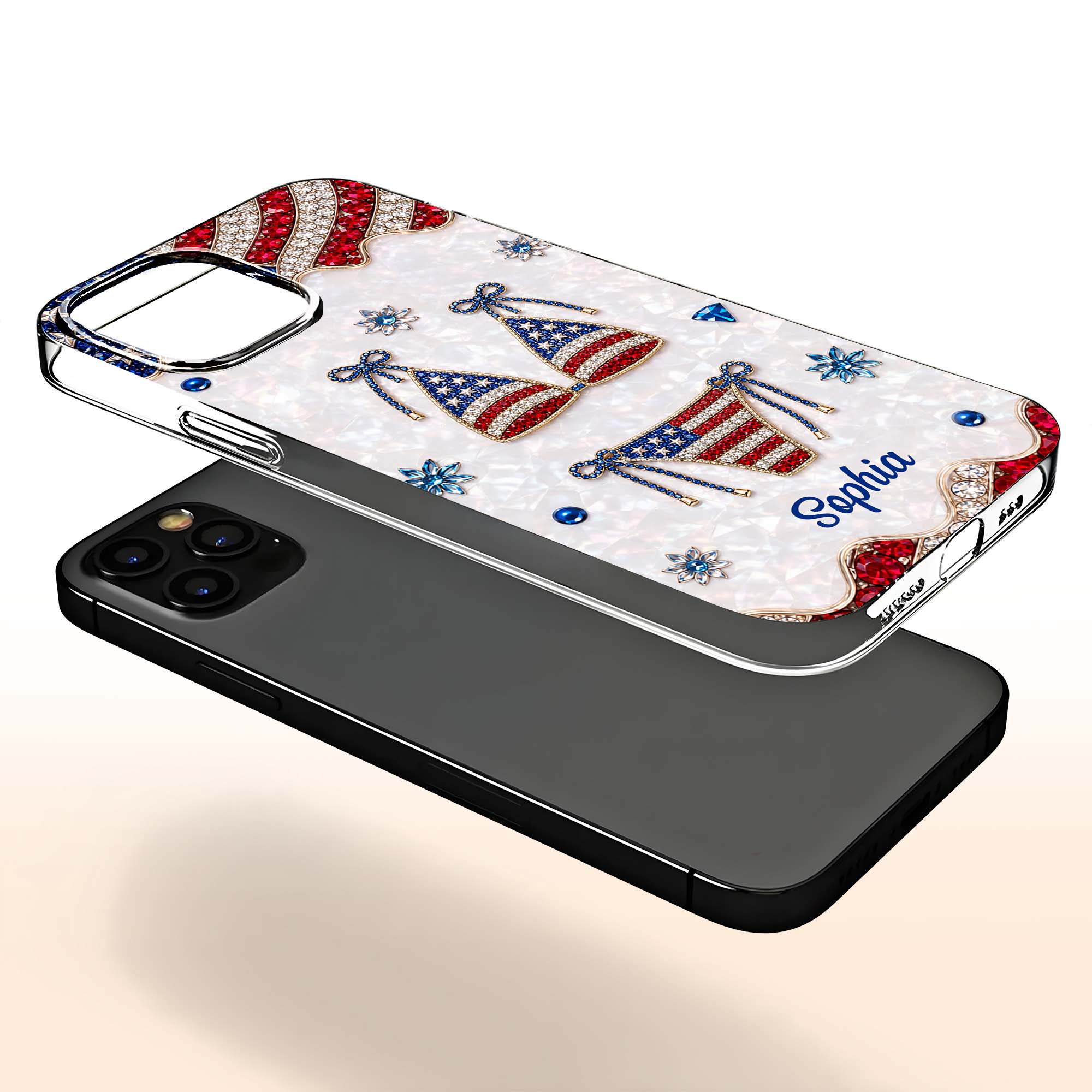 Personalized Clear Phone Case American Flag Gems Glam Gift