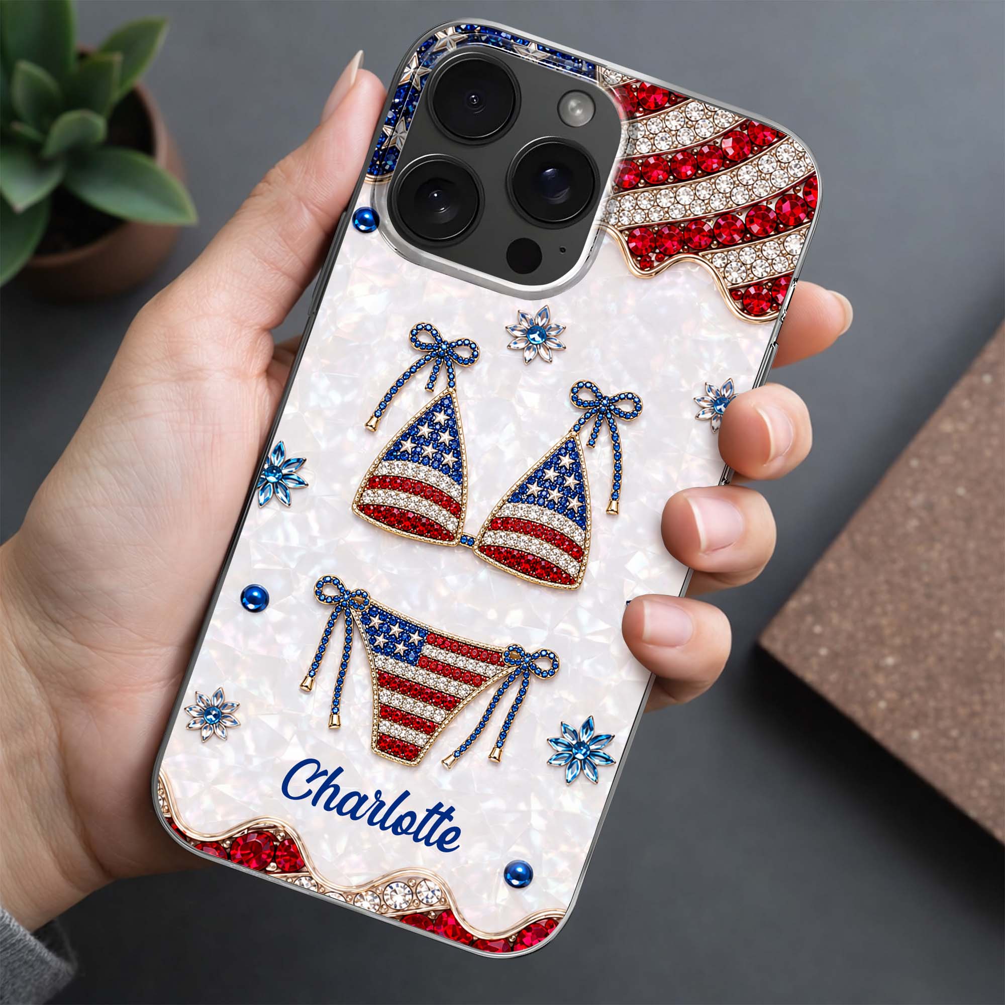 Personalized Clear Phone Case American Flag Gems Glam Gift