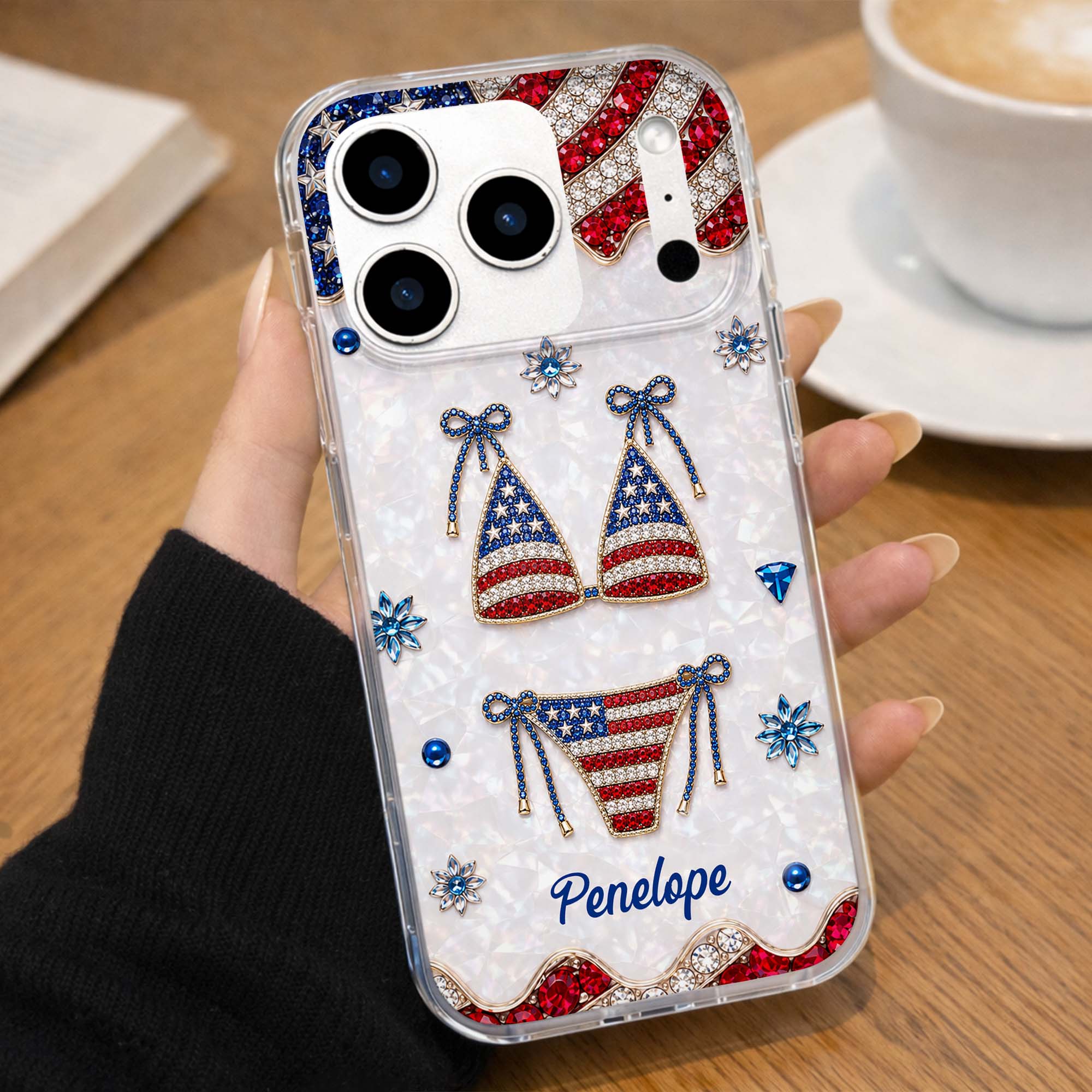 Personalized Clear Phone Case American Flag Gems Glam Gift