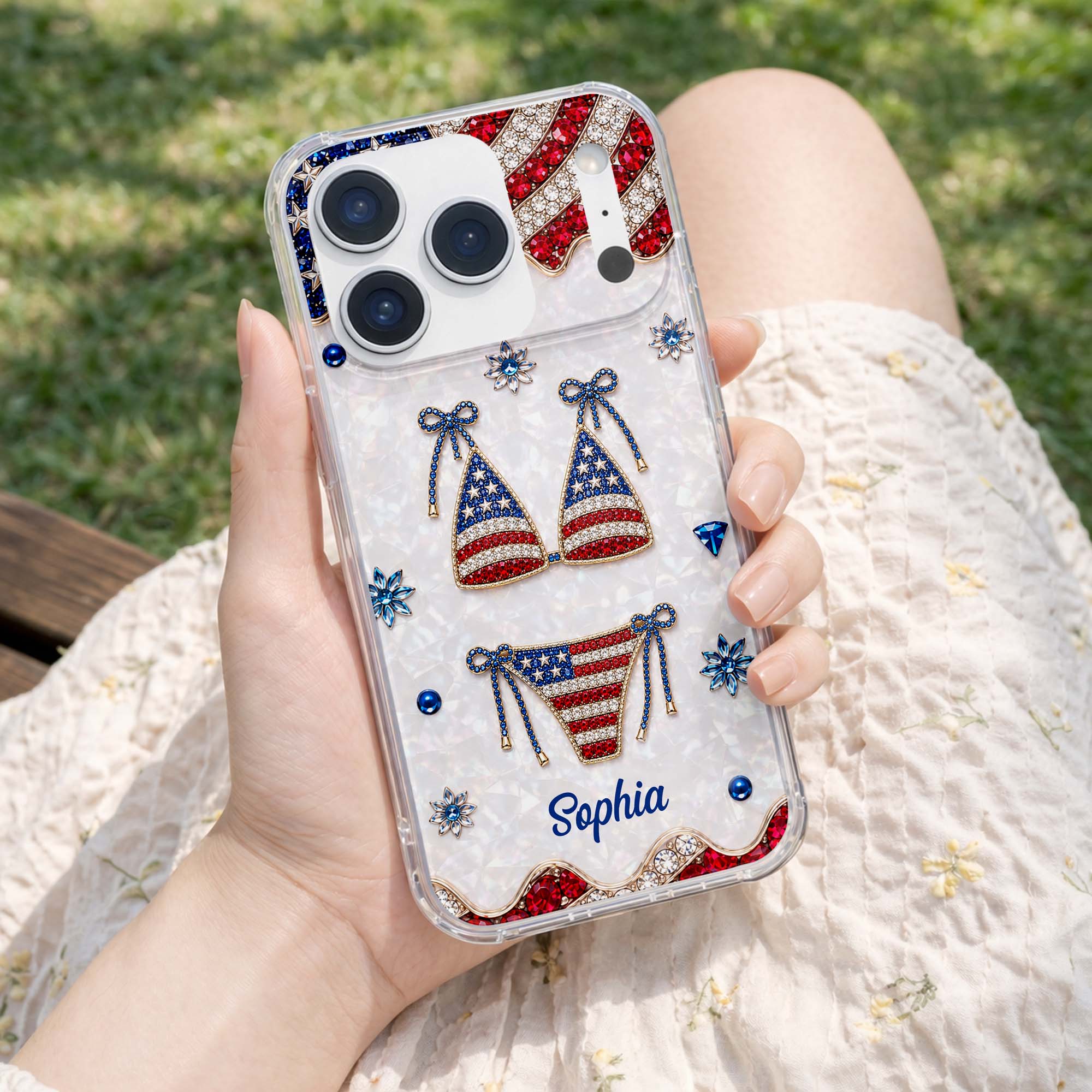 Personalized Clear Phone Case American Flag Gems Glam Gift