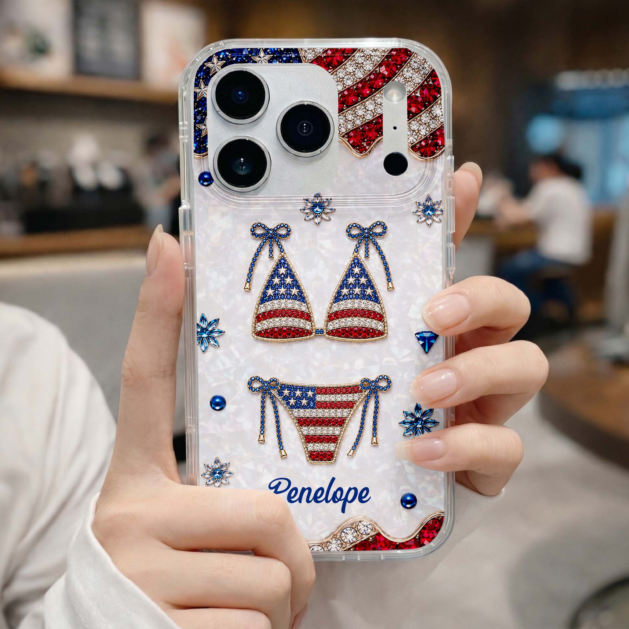 Personalized Clear Phone Case American Flag Gems Glam Gift