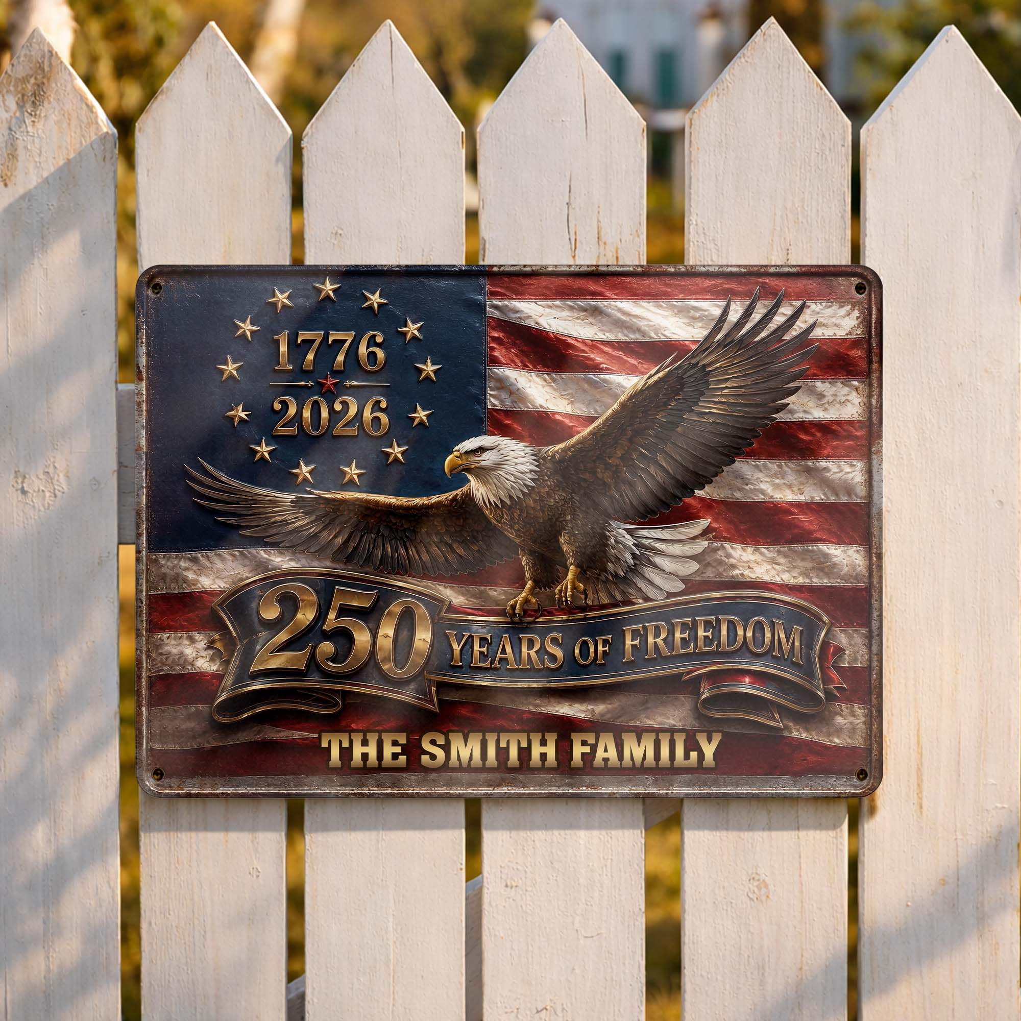 Personalized Metal Sign Custom Family Name Bald Eagle USA Flag Gift