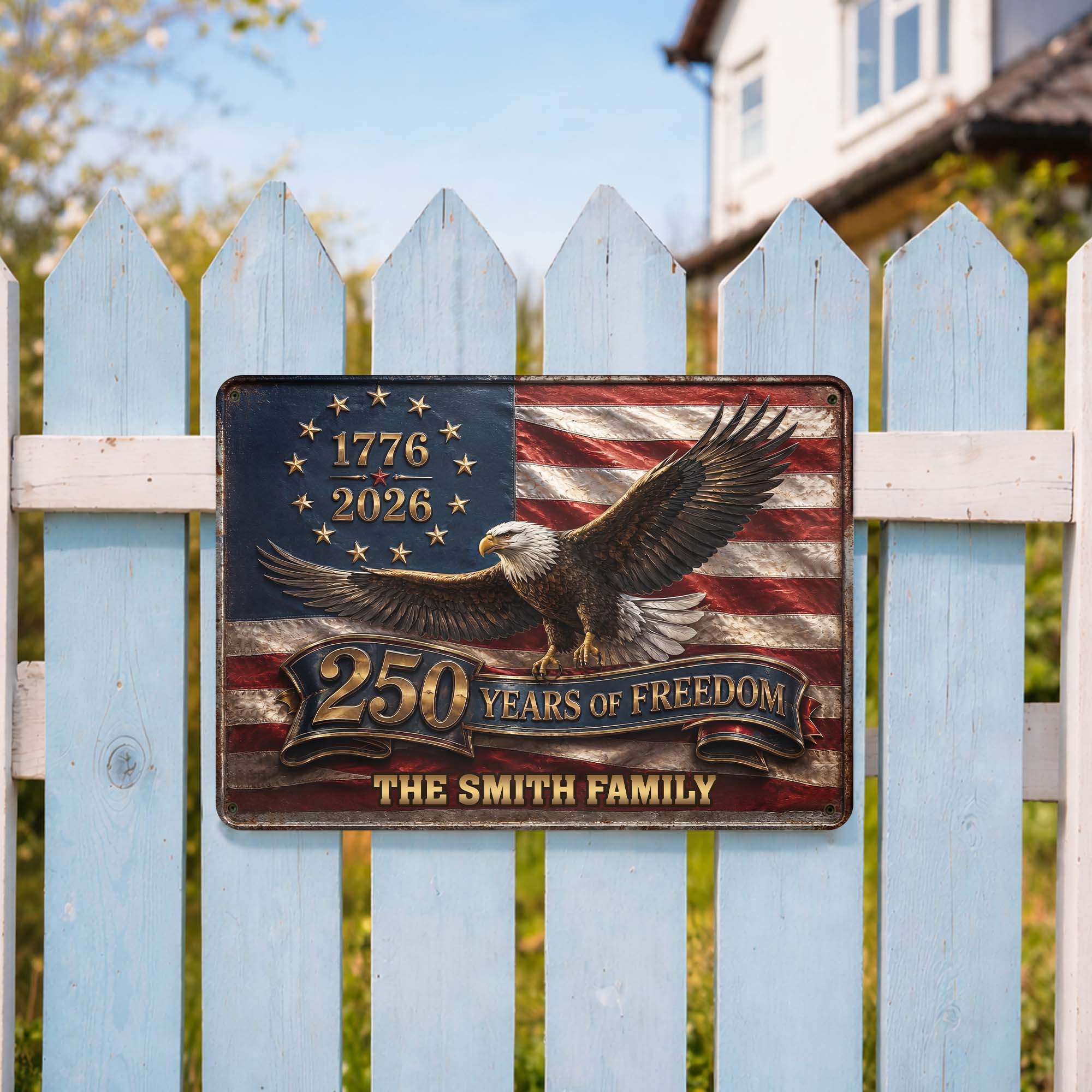 Personalized Metal Sign Custom Family Name Bald Eagle USA Flag Gift
