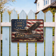 Load image into Gallery viewer, Personalized Metal Sign Custom Family Name Bald Eagle USA Flag Gift
