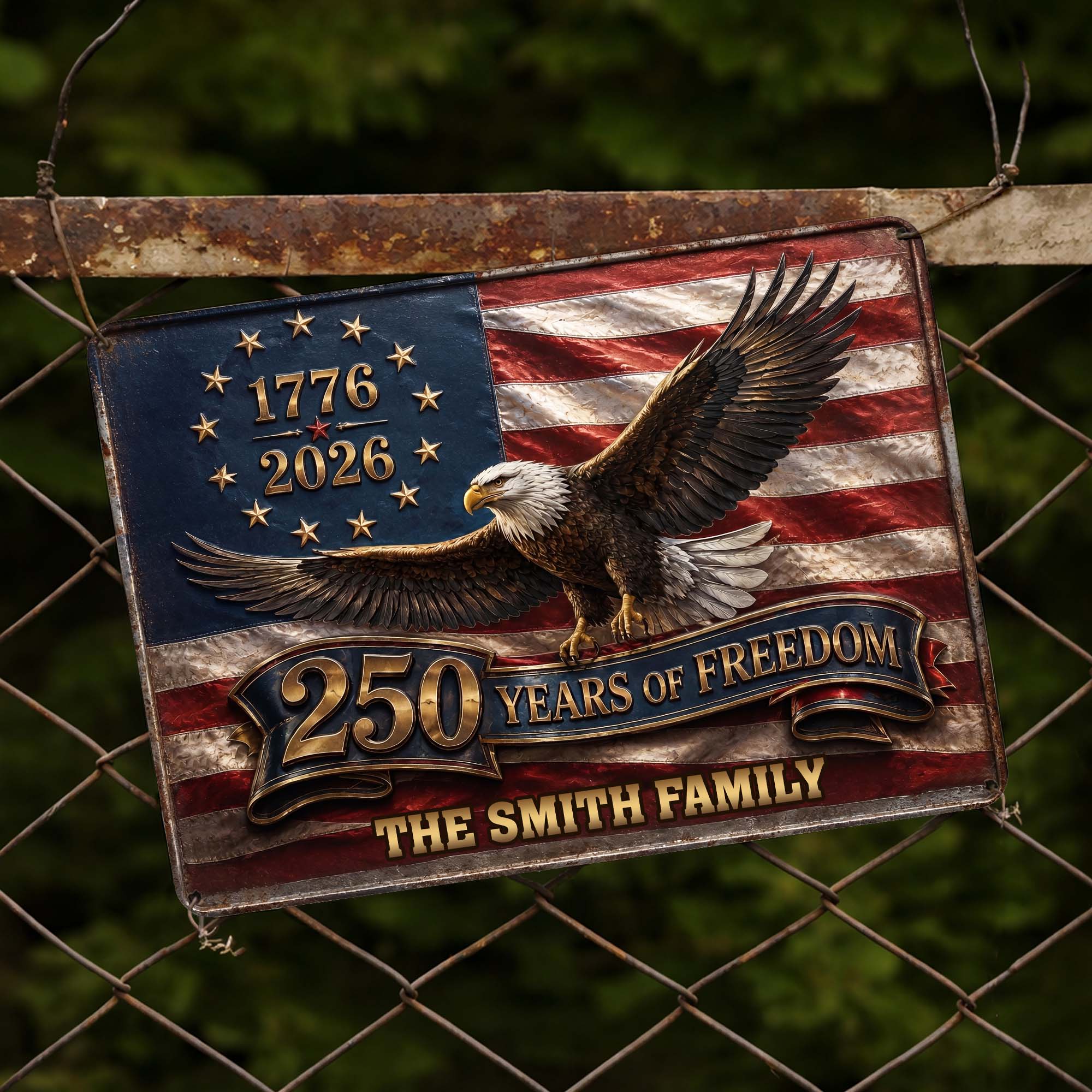 Personalized Metal Sign Custom Family Name Bald Eagle USA Flag Gift
