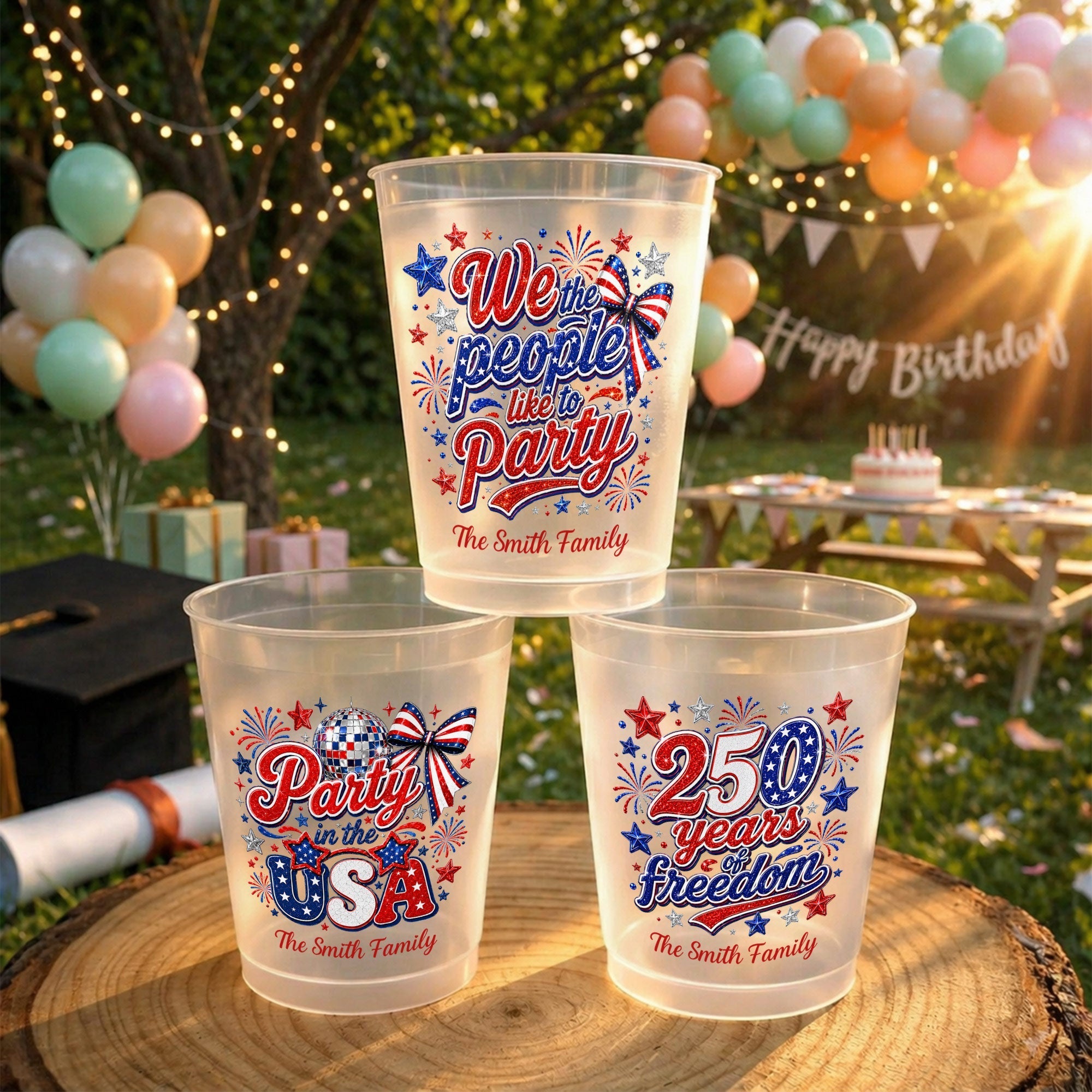Personalized Frosted Cups with American Flag Custom Name Gift for 4th of July