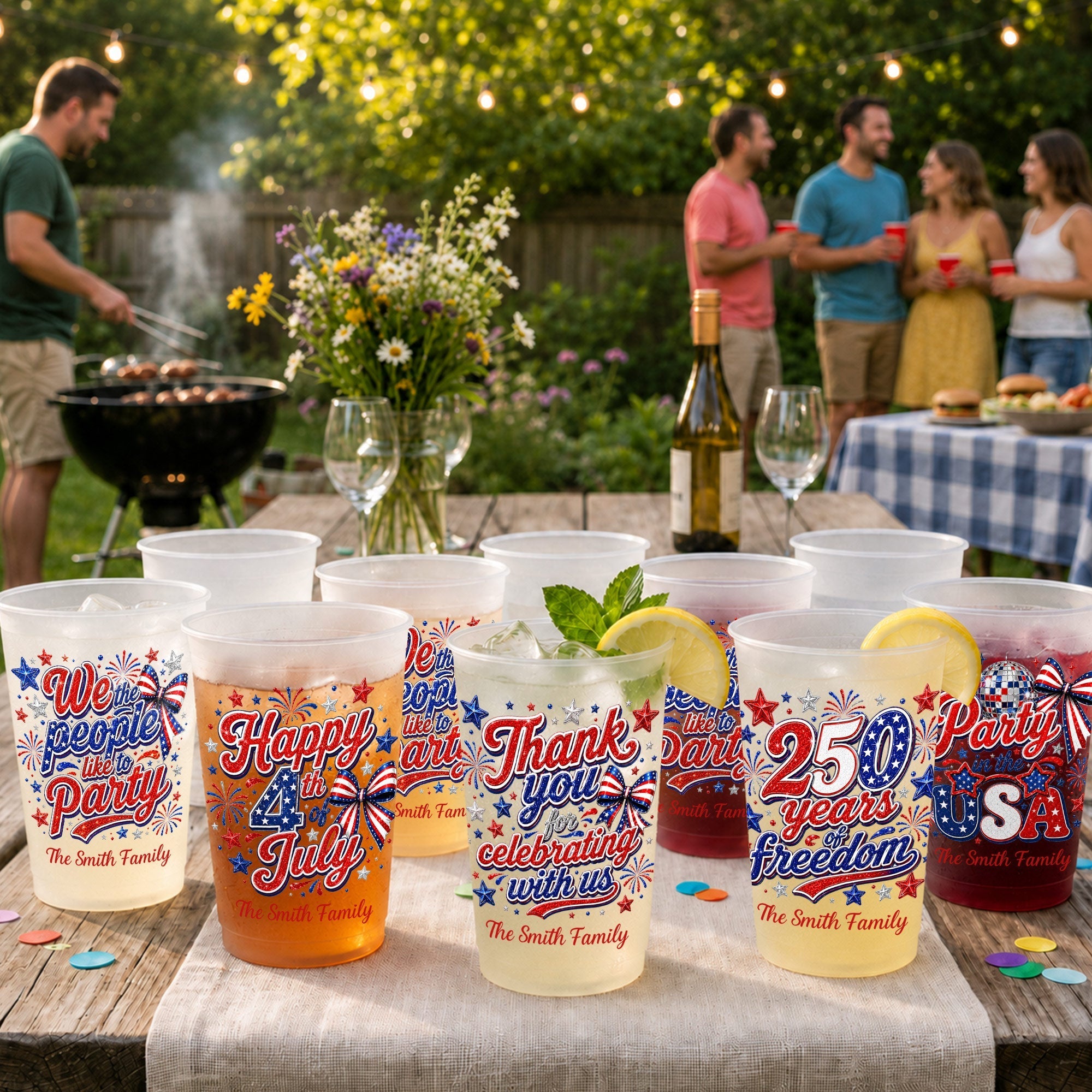 Personalized Frosted Cups with American Flag Custom Name Gift for 4th of July