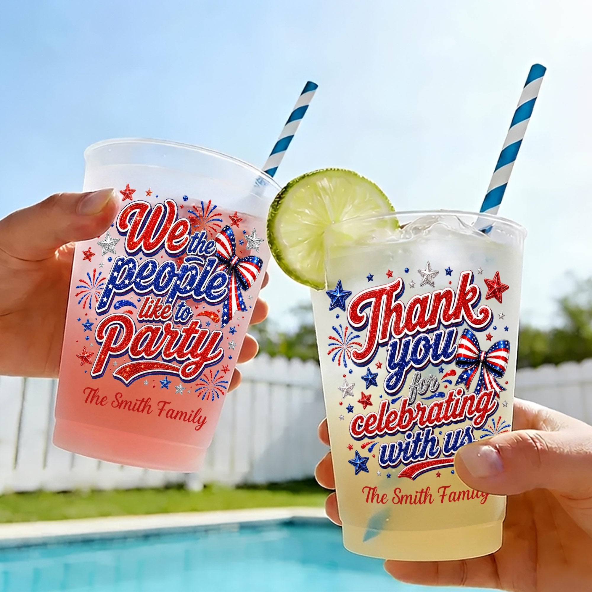 Personalized Frosted Cups with American Flag Custom Name Gift for 4th of July