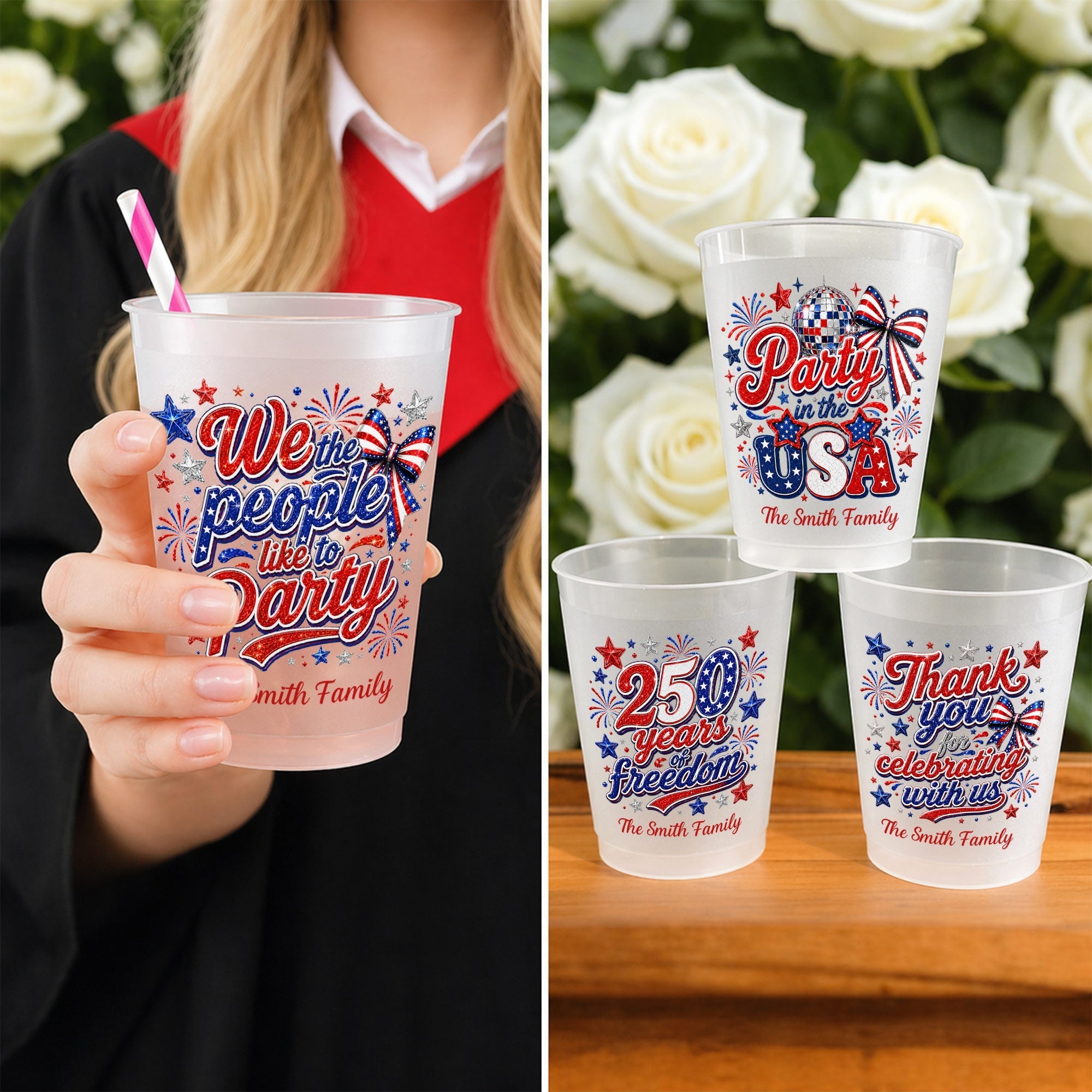 Personalized Frosted Cups with American Flag Custom Name Gift for 4th of July
