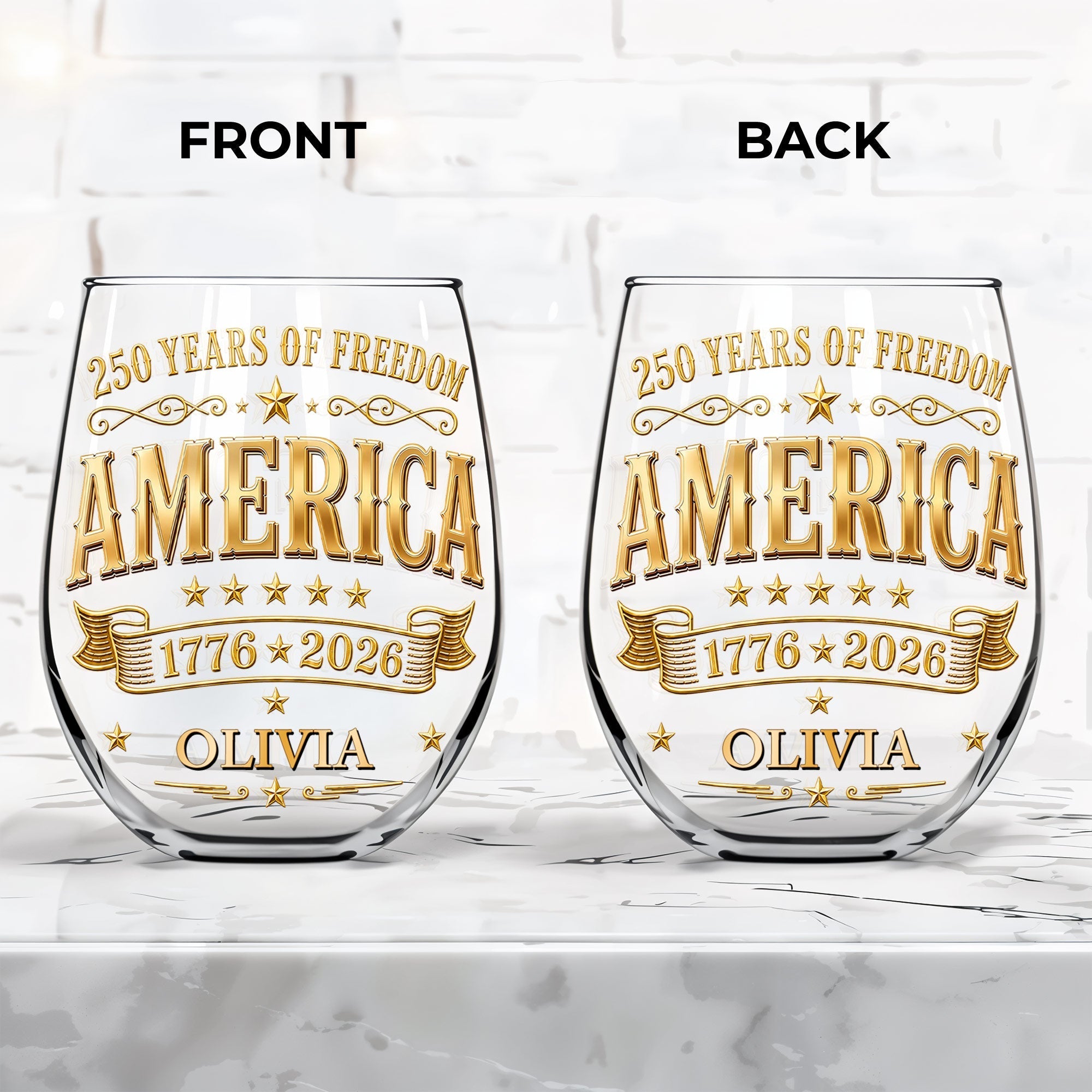 Personalized Stemless Wine Glass Custom Name Gift for 4th of July