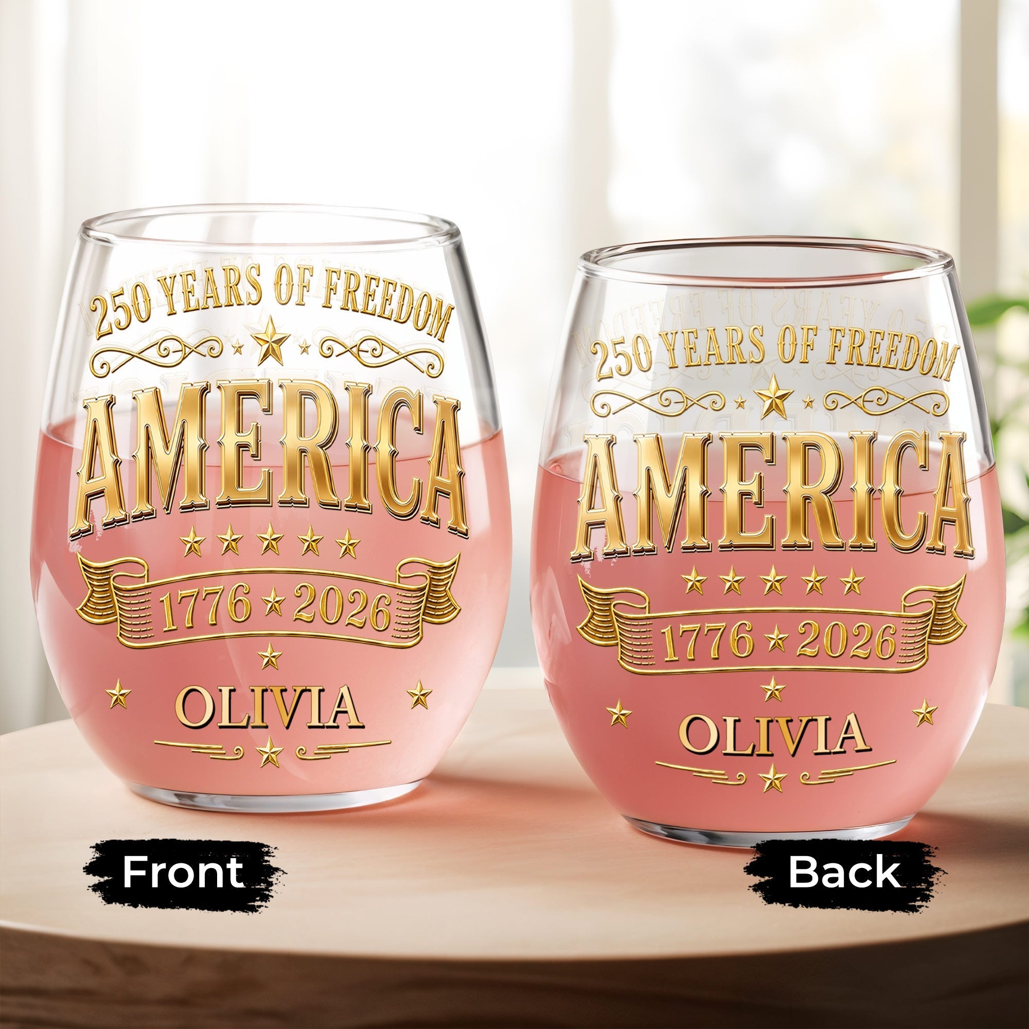Personalized Stemless Wine Glass Custom Name Gift for 4th of July