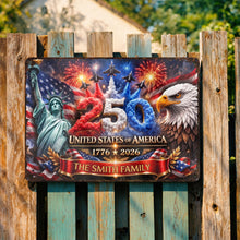 Load image into Gallery viewer, Personalized Metal Sign Custom Family Name USA Flag Gift
