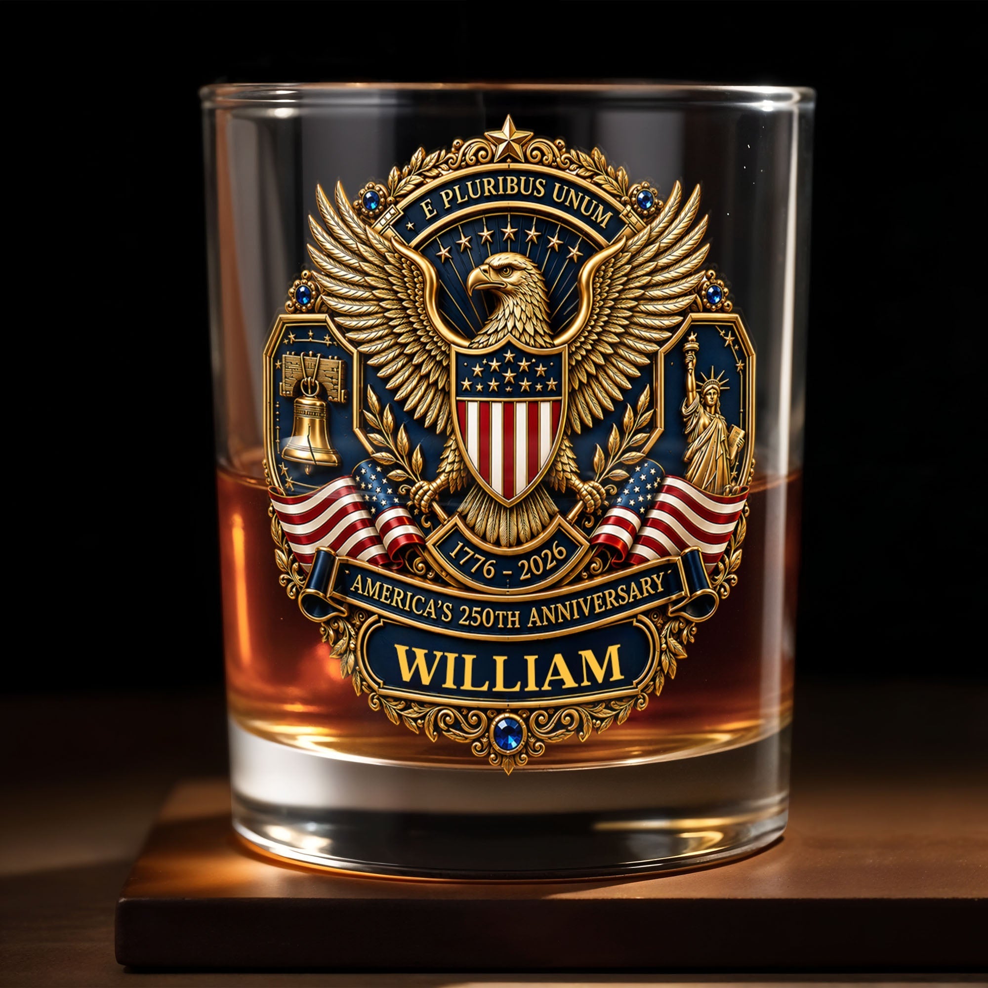 Personalized Whiskey Glass Custom Family Name American Flag Gift for Dad