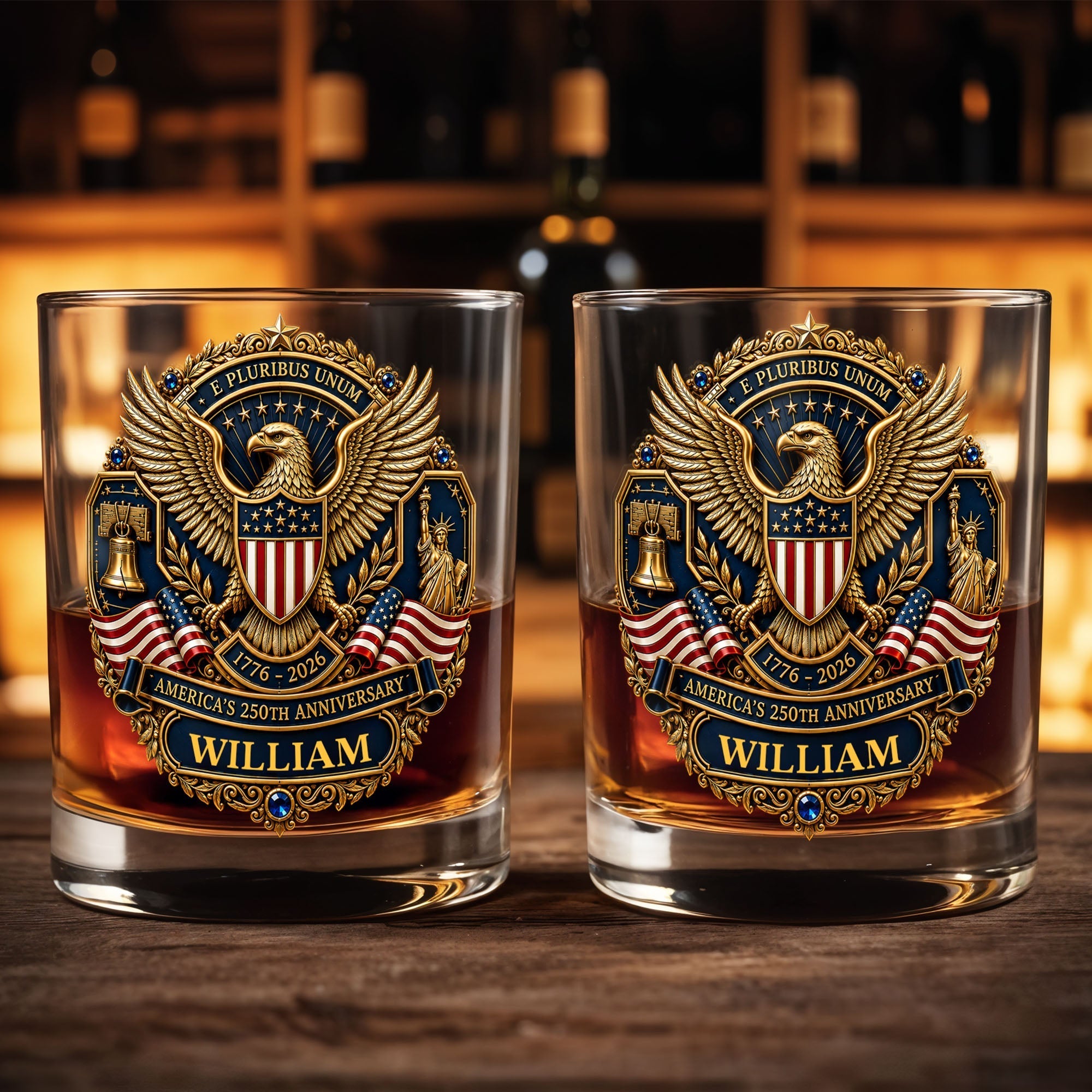 Personalized Whiskey Glass Custom Family Name American Flag Gift for Dad