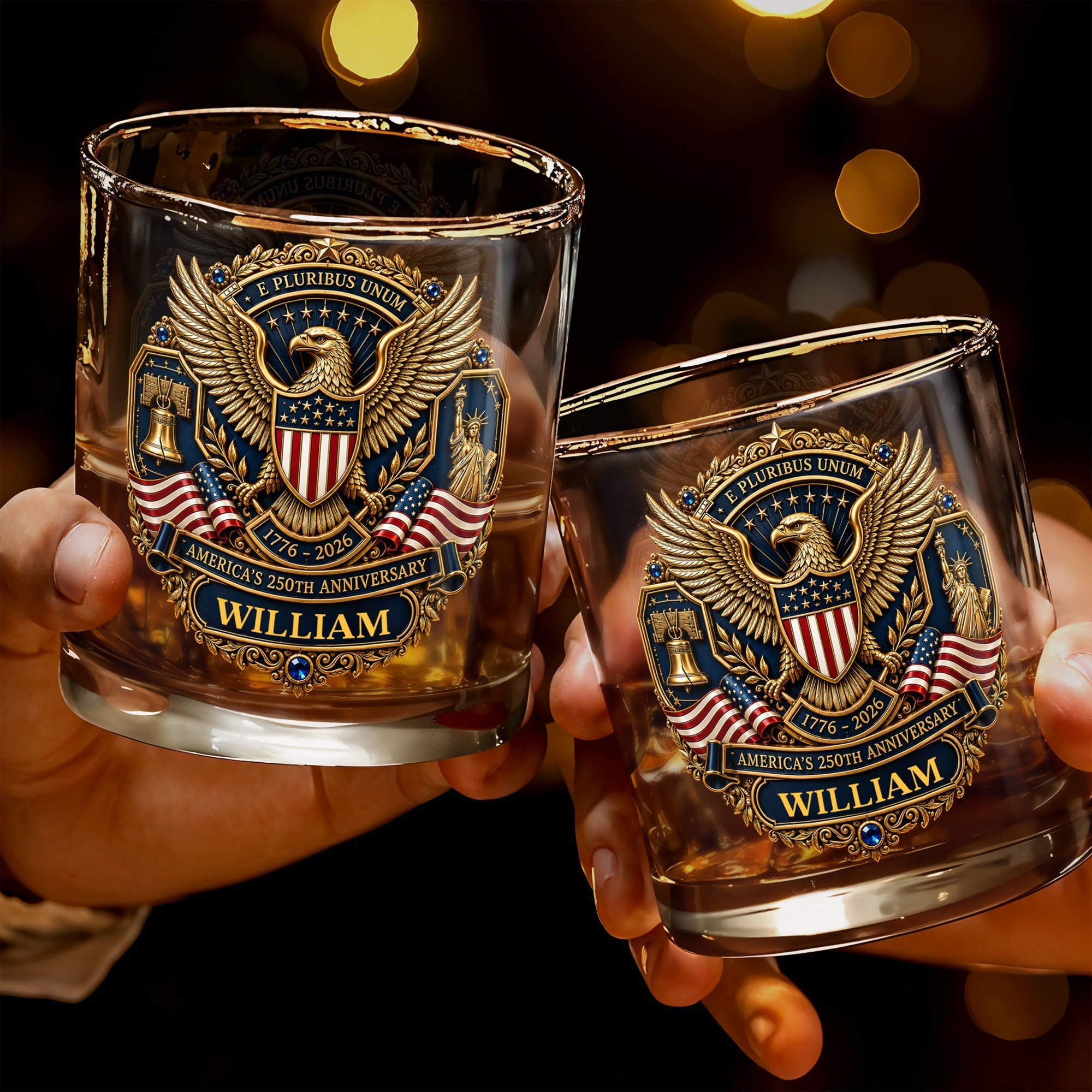 Personalized Whiskey Glass Custom Family Name American Flag Gift for Dad