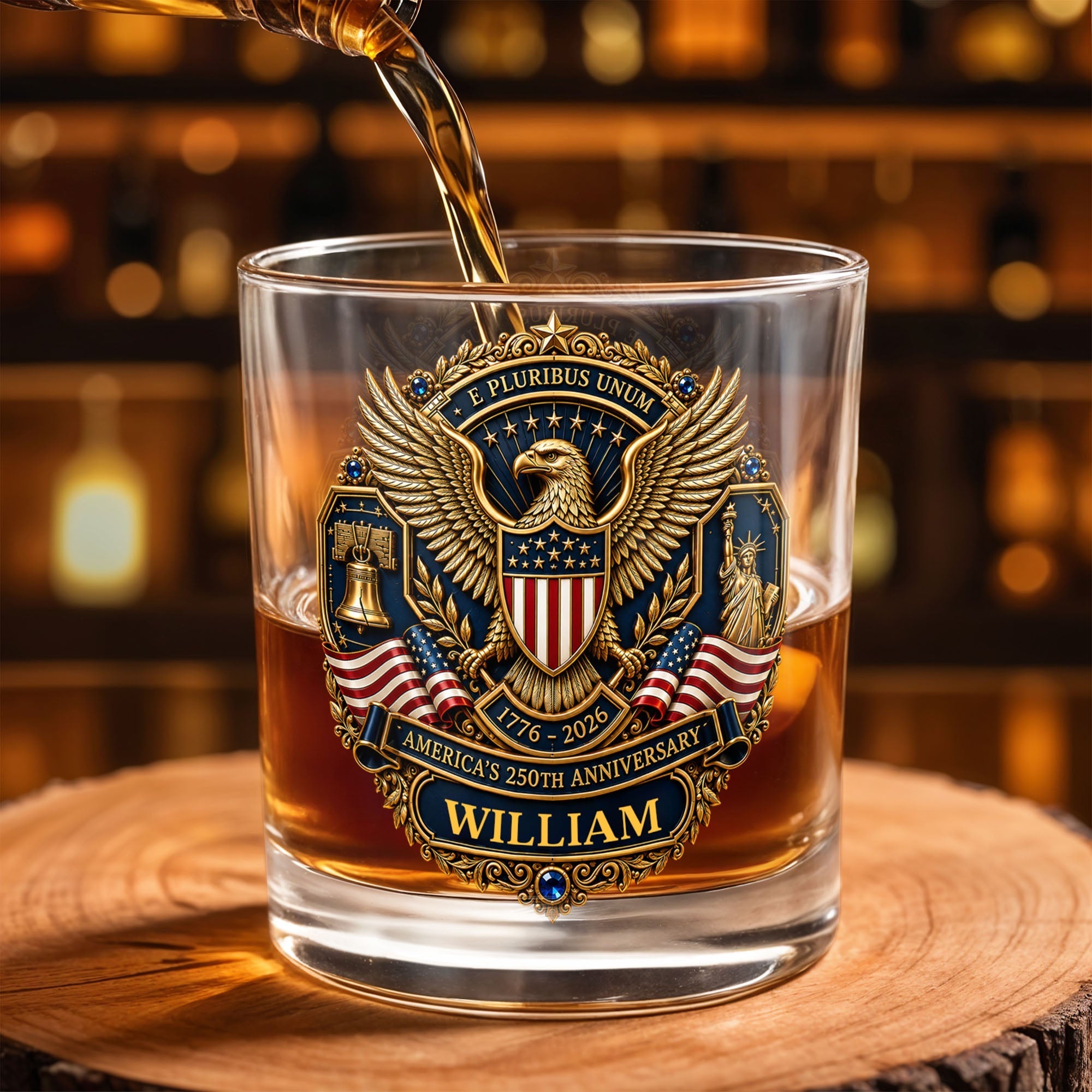 Personalized Whiskey Glass Custom Family Name American Flag Gift for Dad