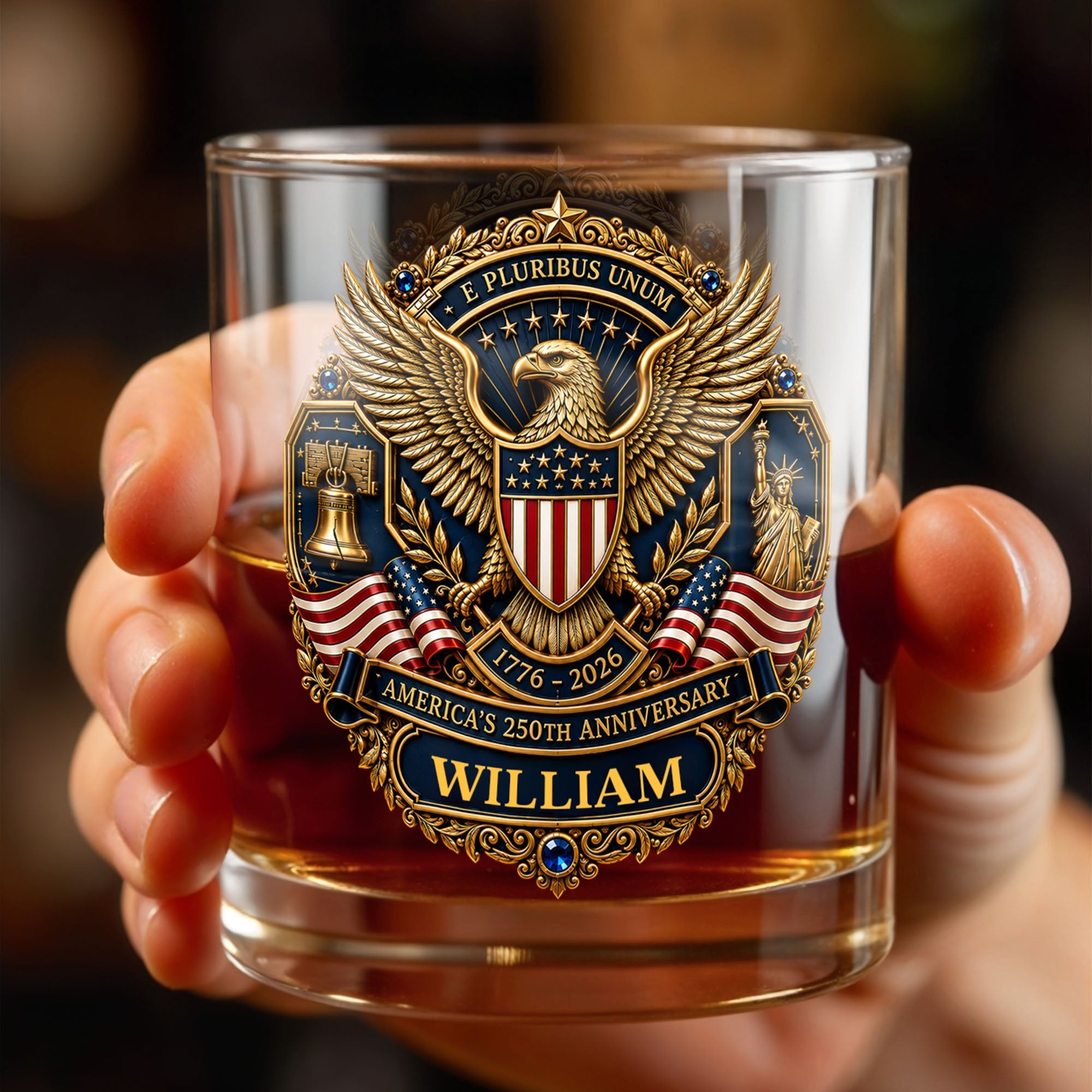 Personalized Whiskey Glass Custom Family Name American Flag Gift for Dad