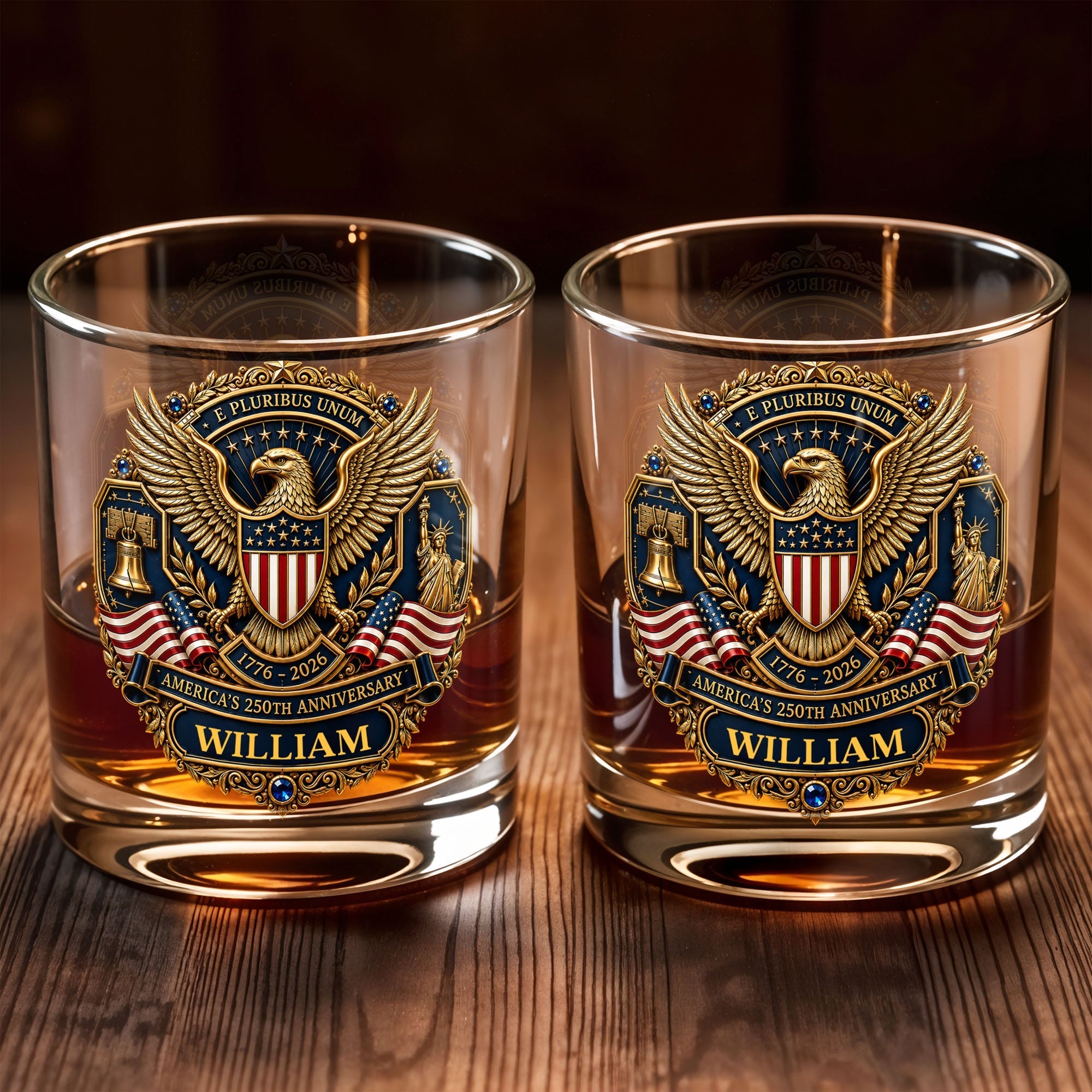 Personalized Whiskey Glass Custom Family Name American Flag Gift for Dad
