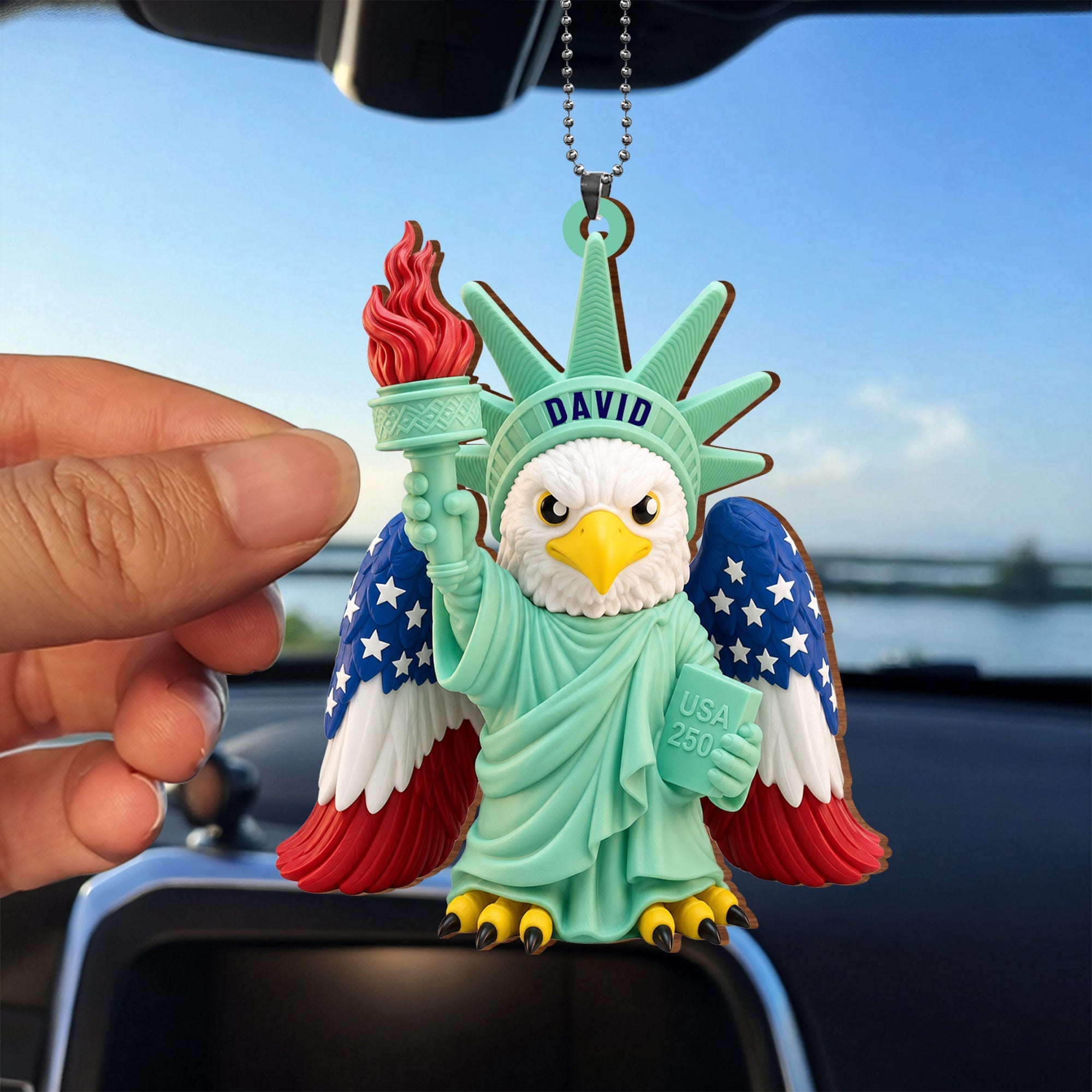Personalized Wood Car Hanging Ornament Custom Name Patriotic Gift