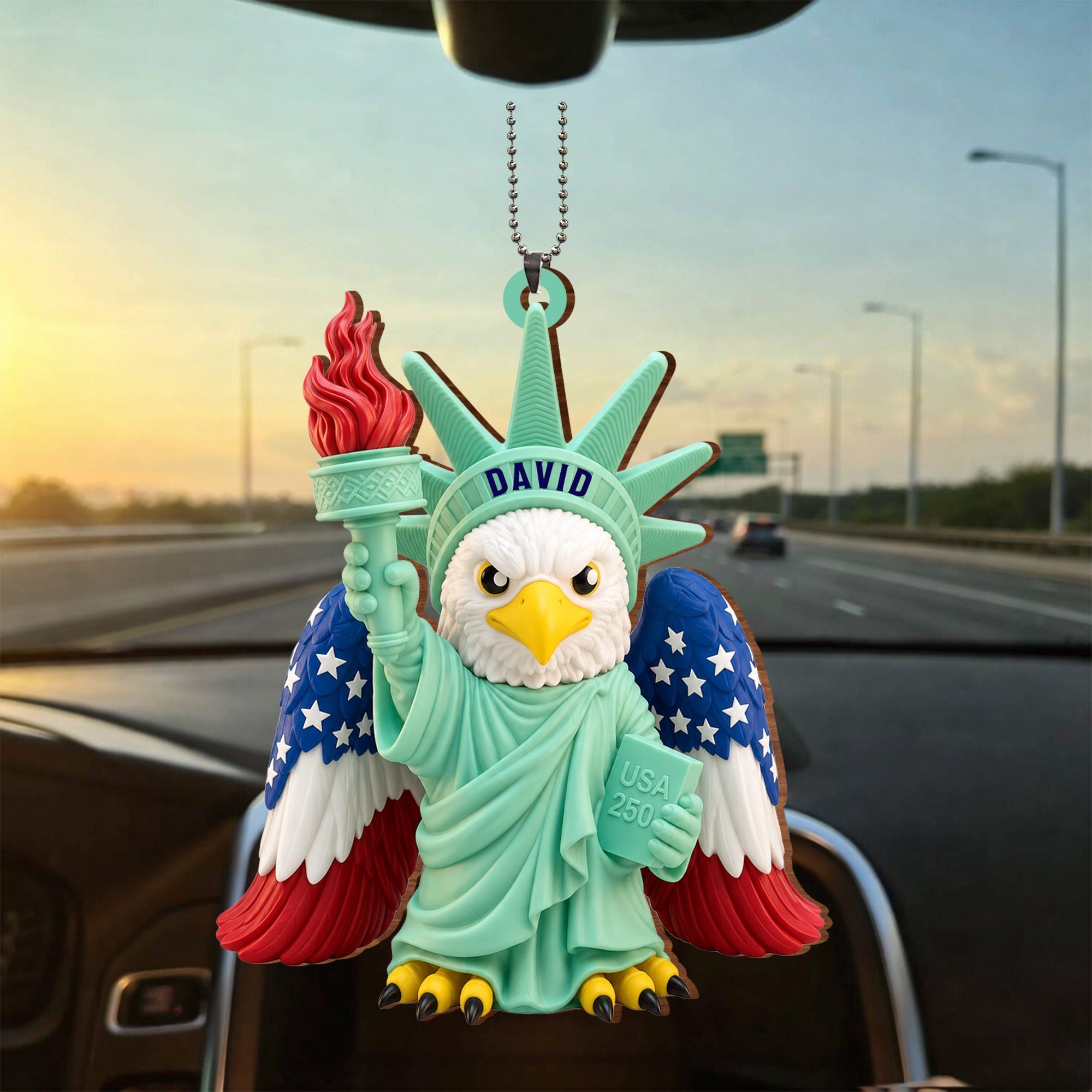 Personalized Wood Car Hanging Ornament Custom Name Patriotic Gift