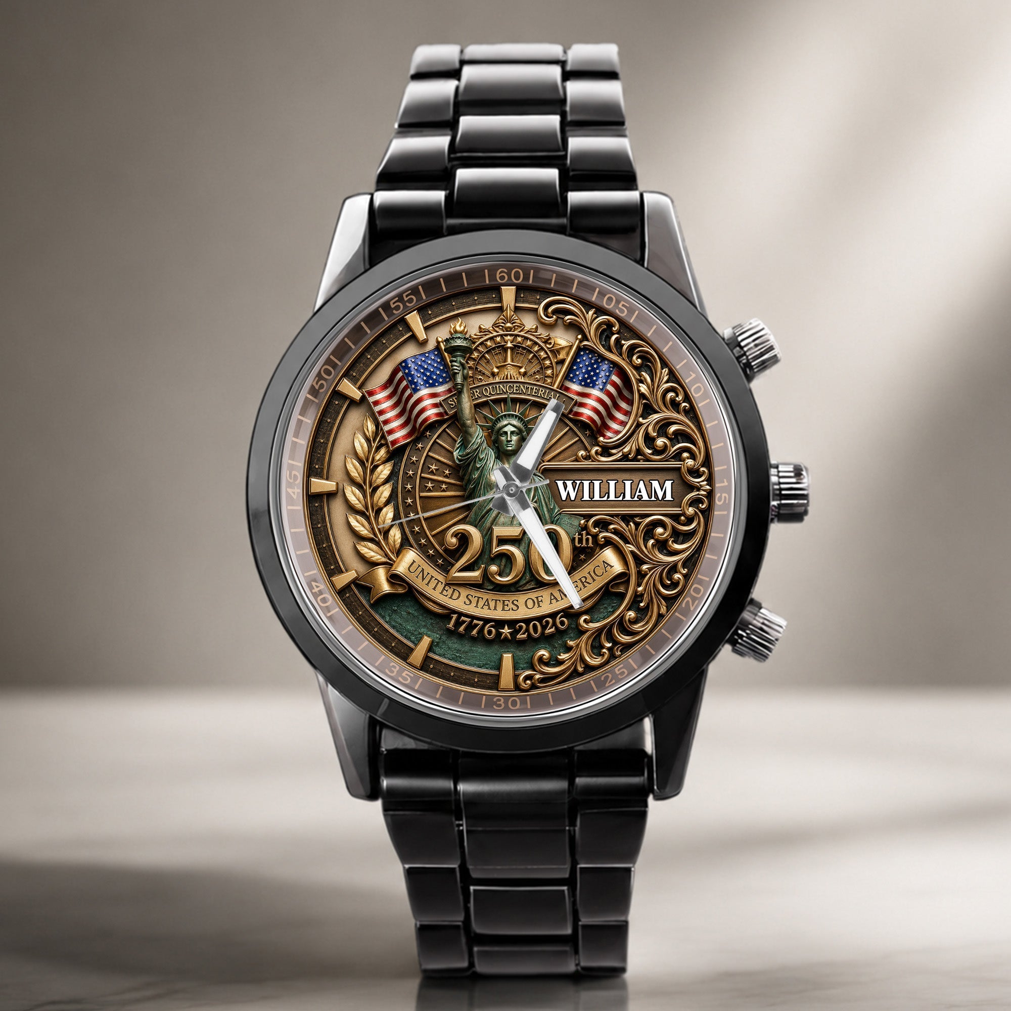 Personalized Men's Watch Custom Name American Flag Gift for Dad