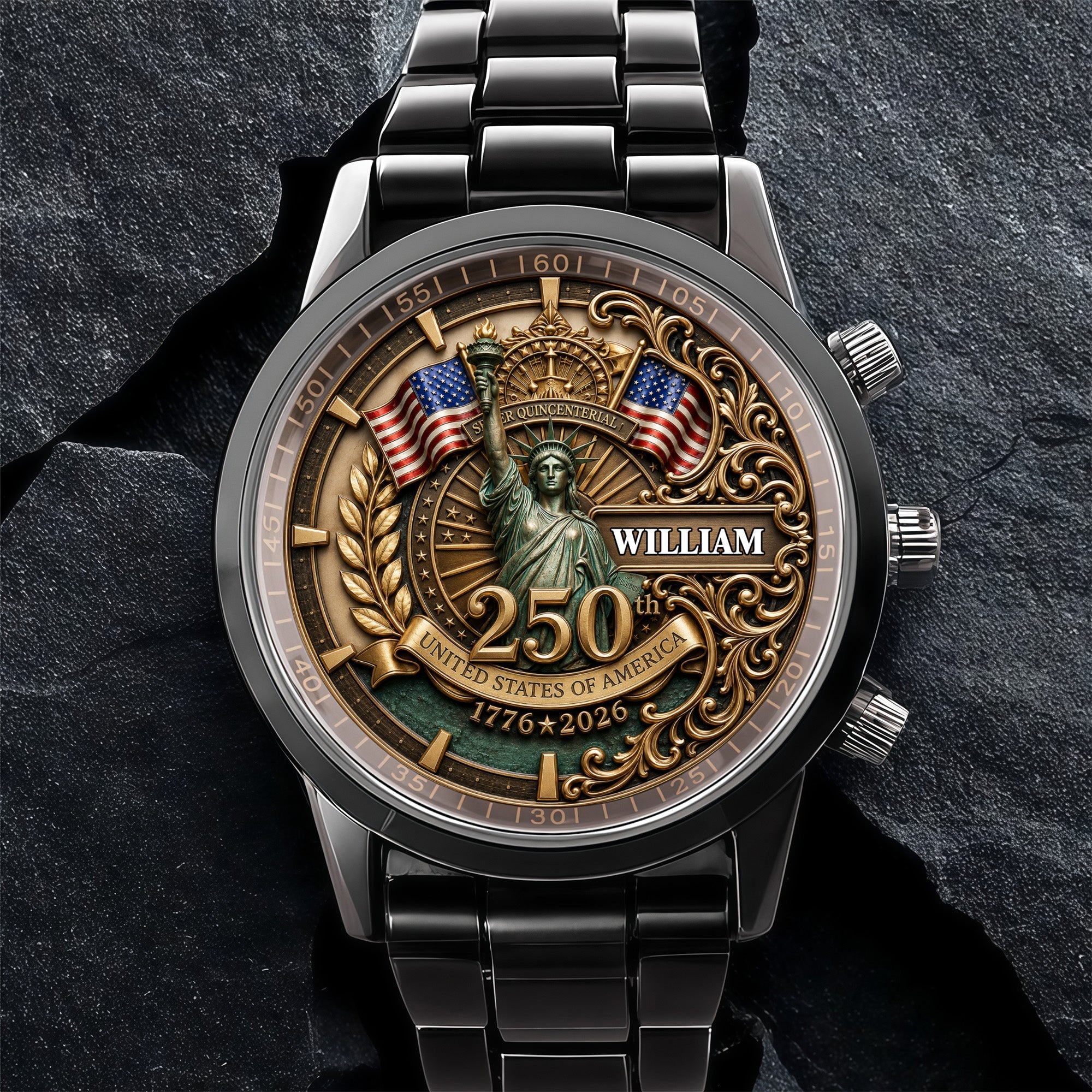 Personalized Men's Watch Custom Name American Flag Gift for Dad